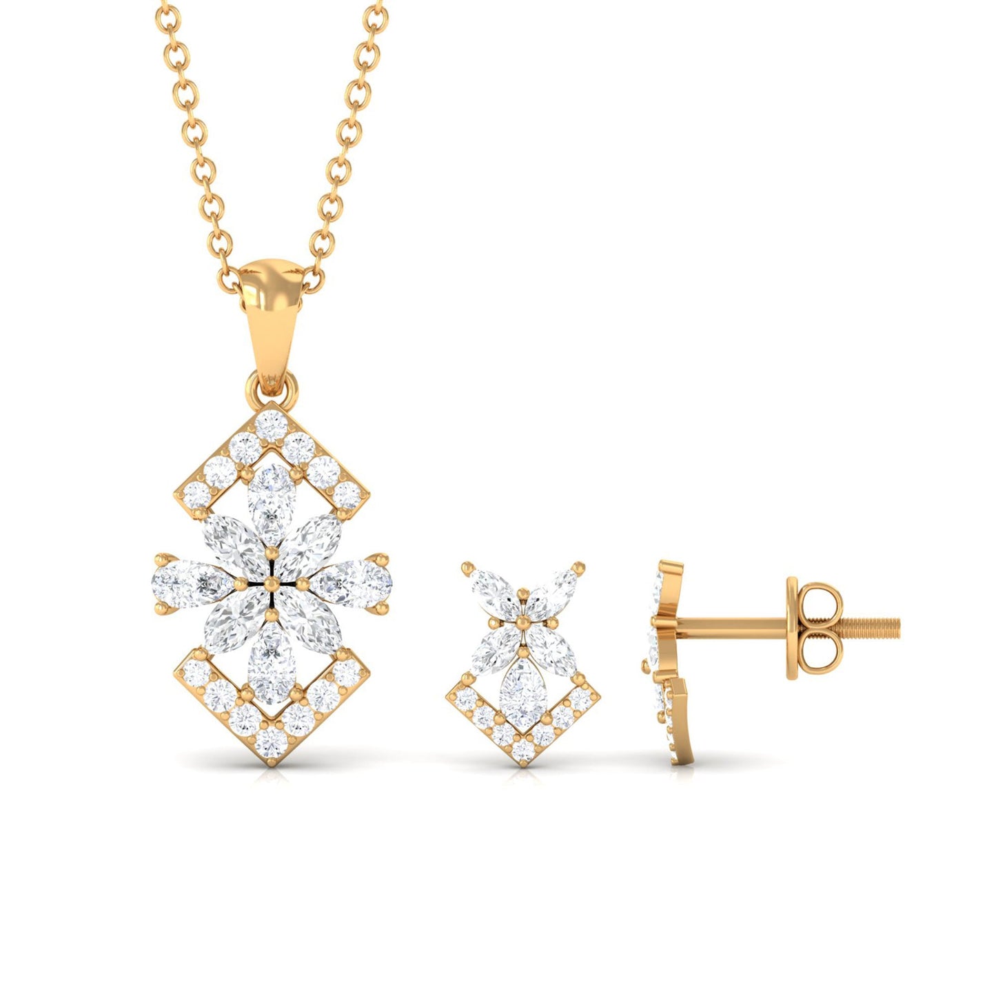 Genuine Diamond Flower Necklace and Earrings Set with Certificate