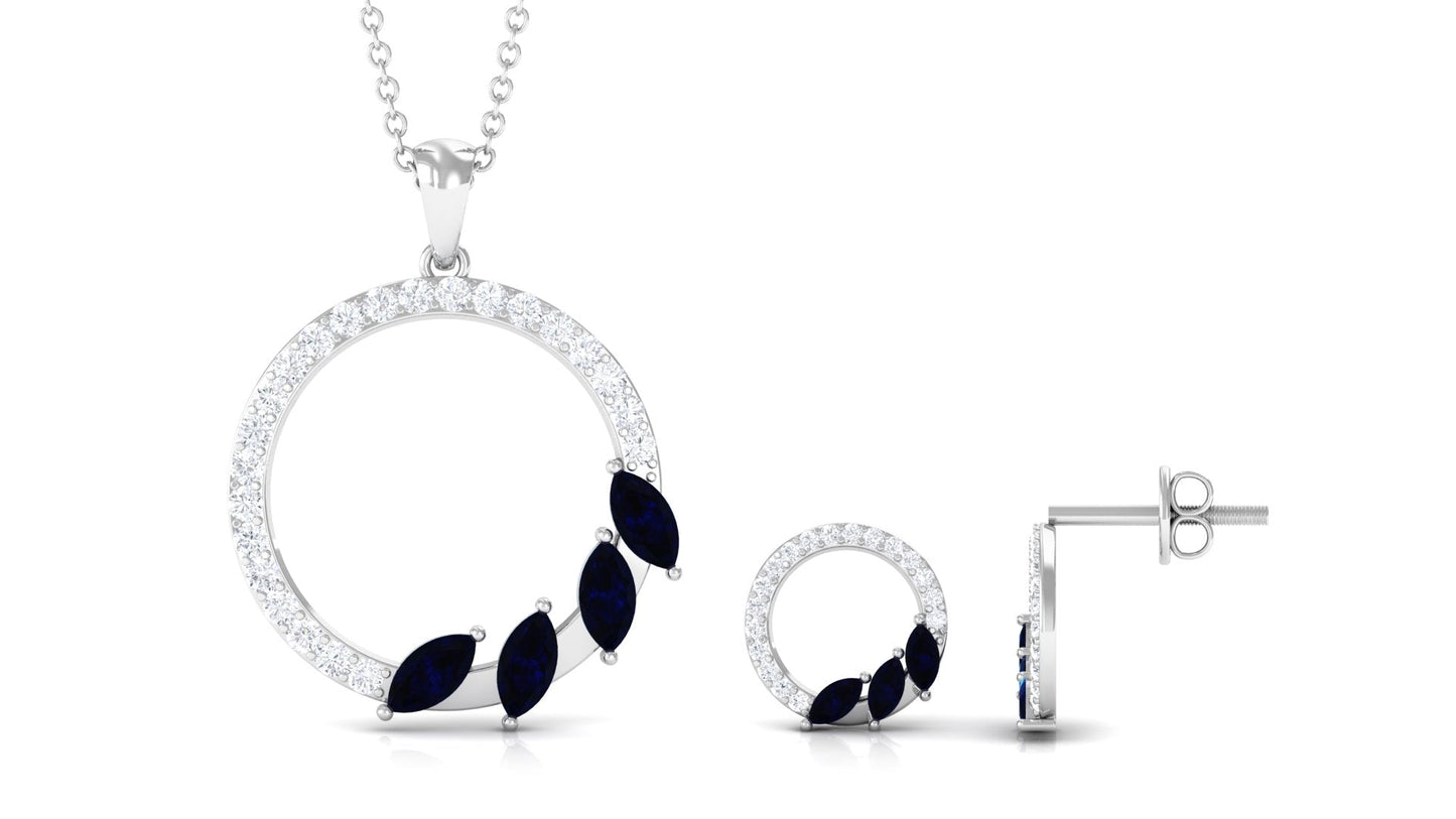 Real Blue Sapphire Diamond Circle Necklace and Earrings Set
