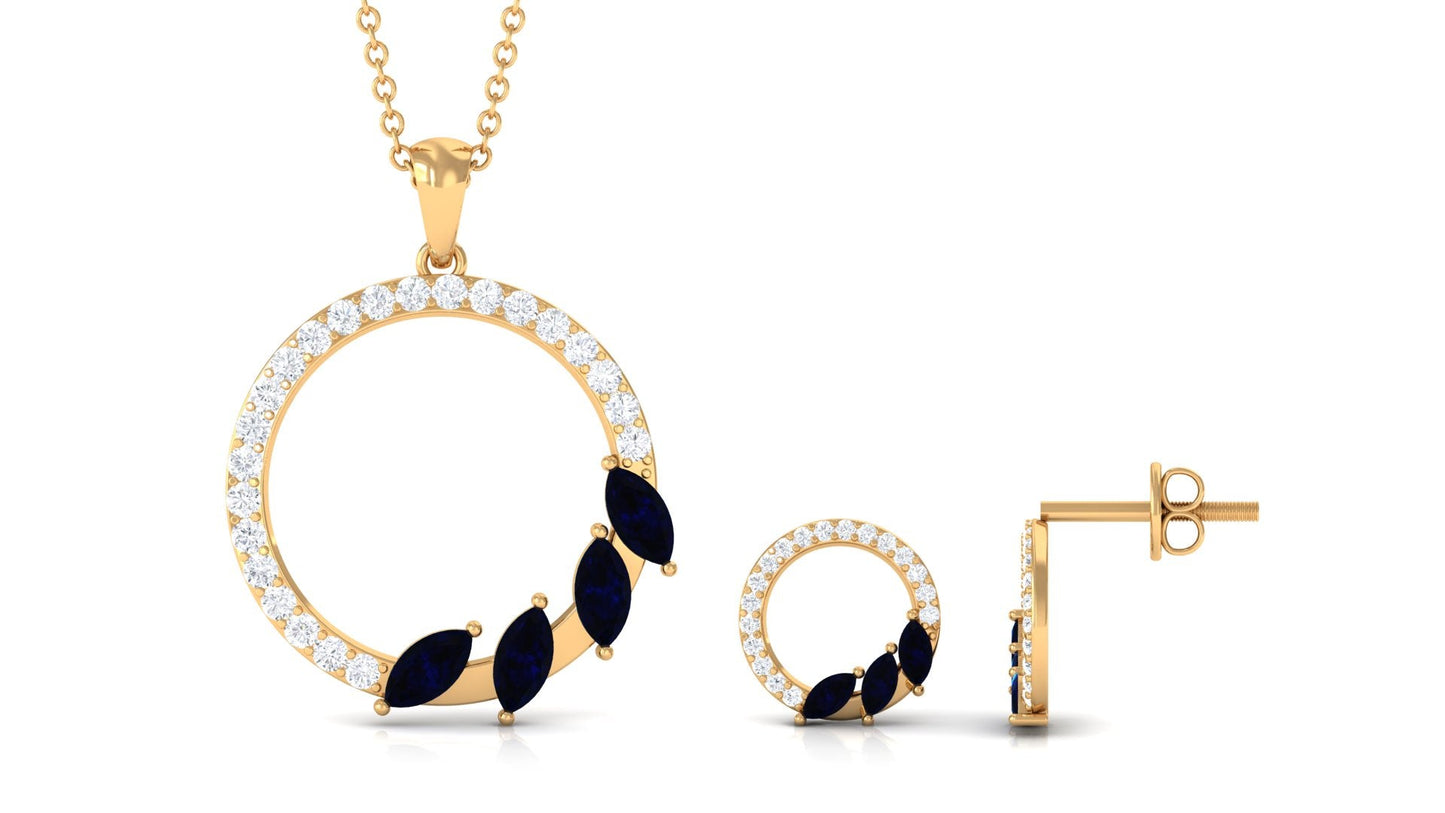 Real Blue Sapphire Diamond Circle Necklace and Earrings Set