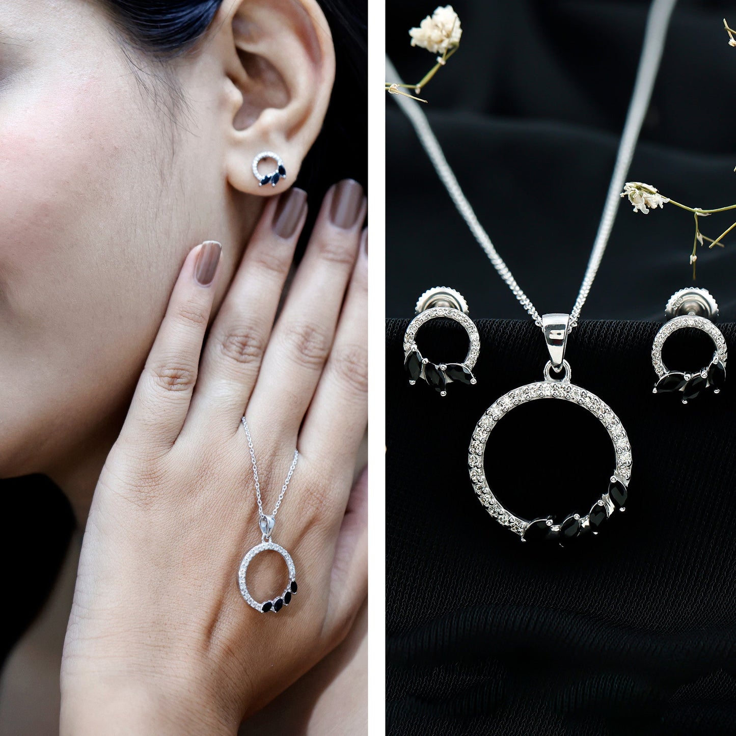 Marquise Cut Black Onyx and Diamond Eternity Jewelry Set