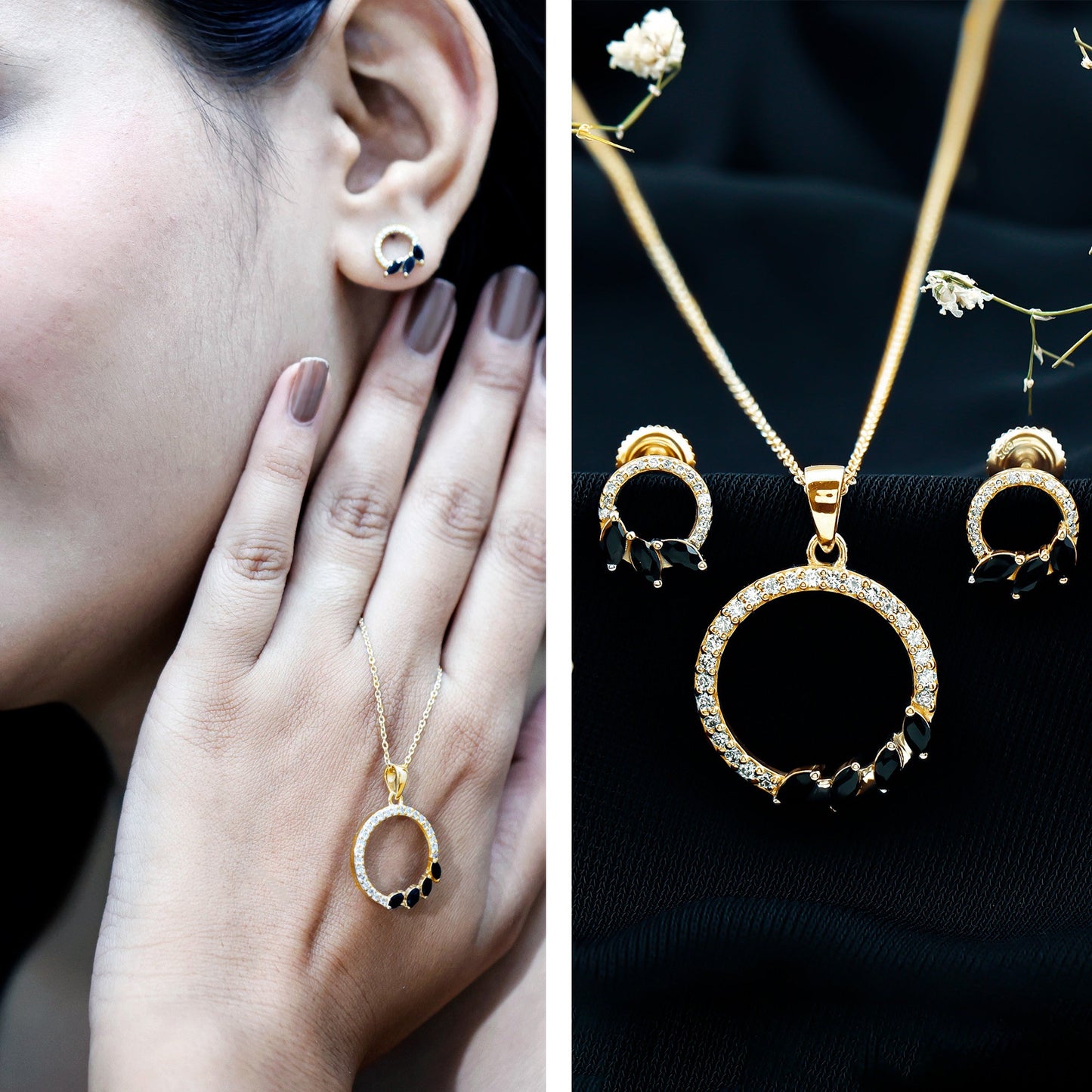Marquise Cut Black Onyx and Diamond Eternity Jewelry Set