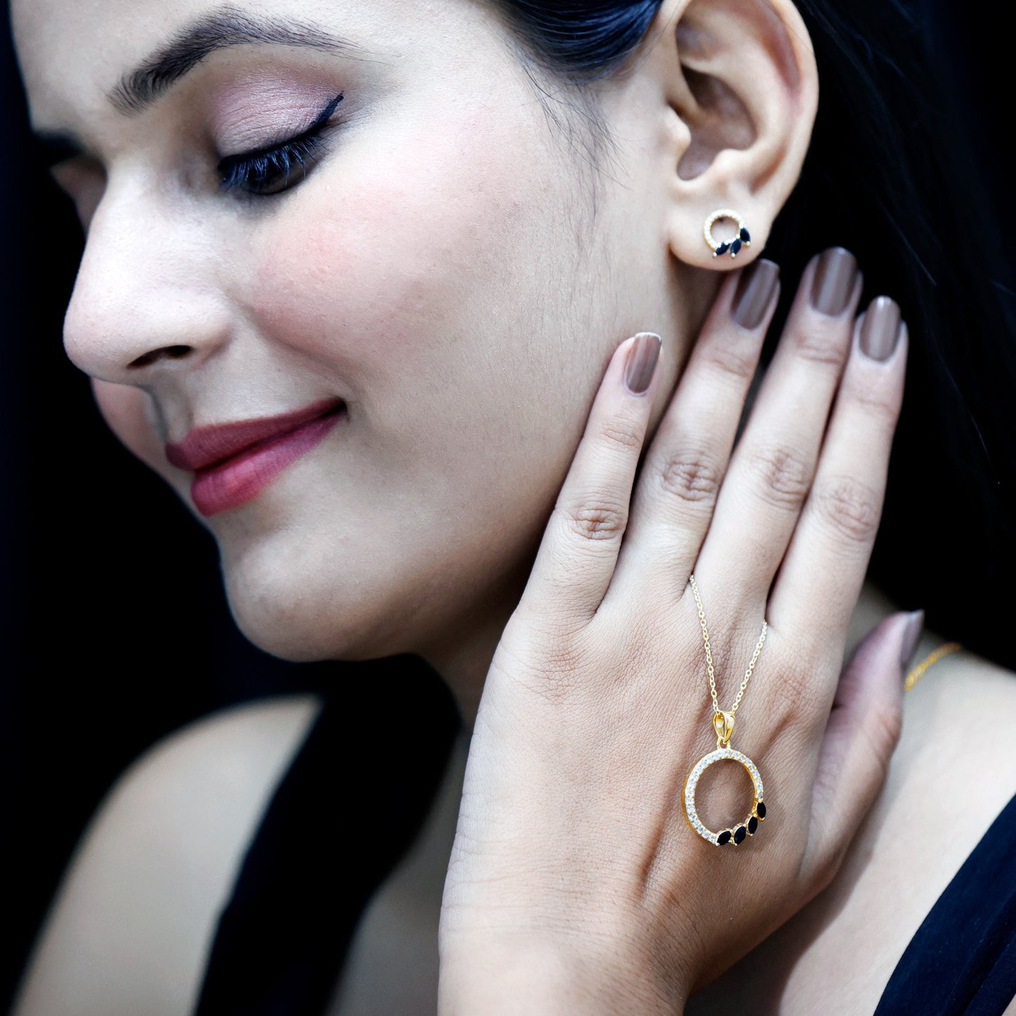 Marquise Cut Black Onyx and Diamond Eternity Jewelry Set
