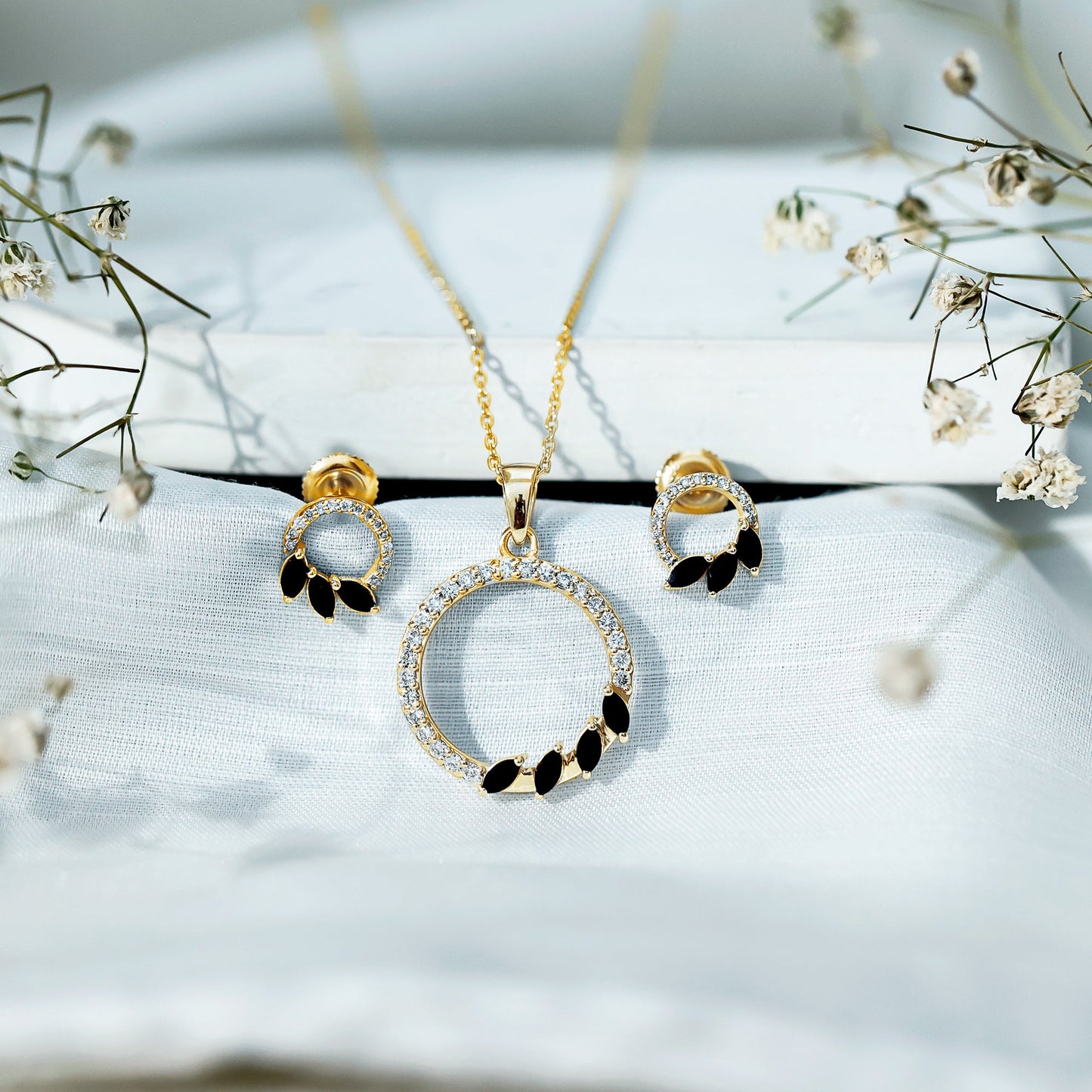 Marquise Cut Black Onyx and Diamond Eternity Jewelry Set