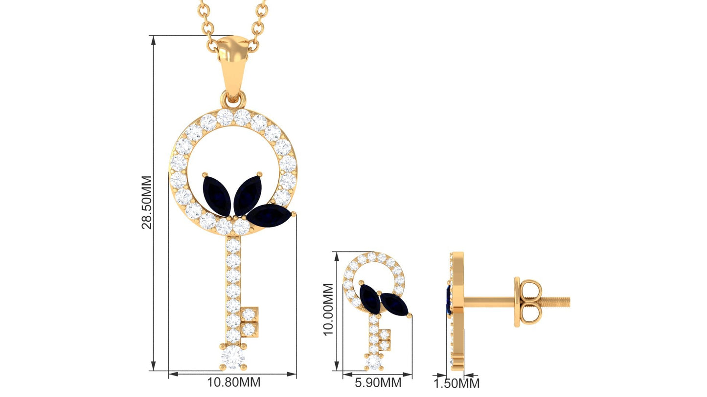 Natural Blue Sapphire Key Pendant and Earrings Set with Diamond