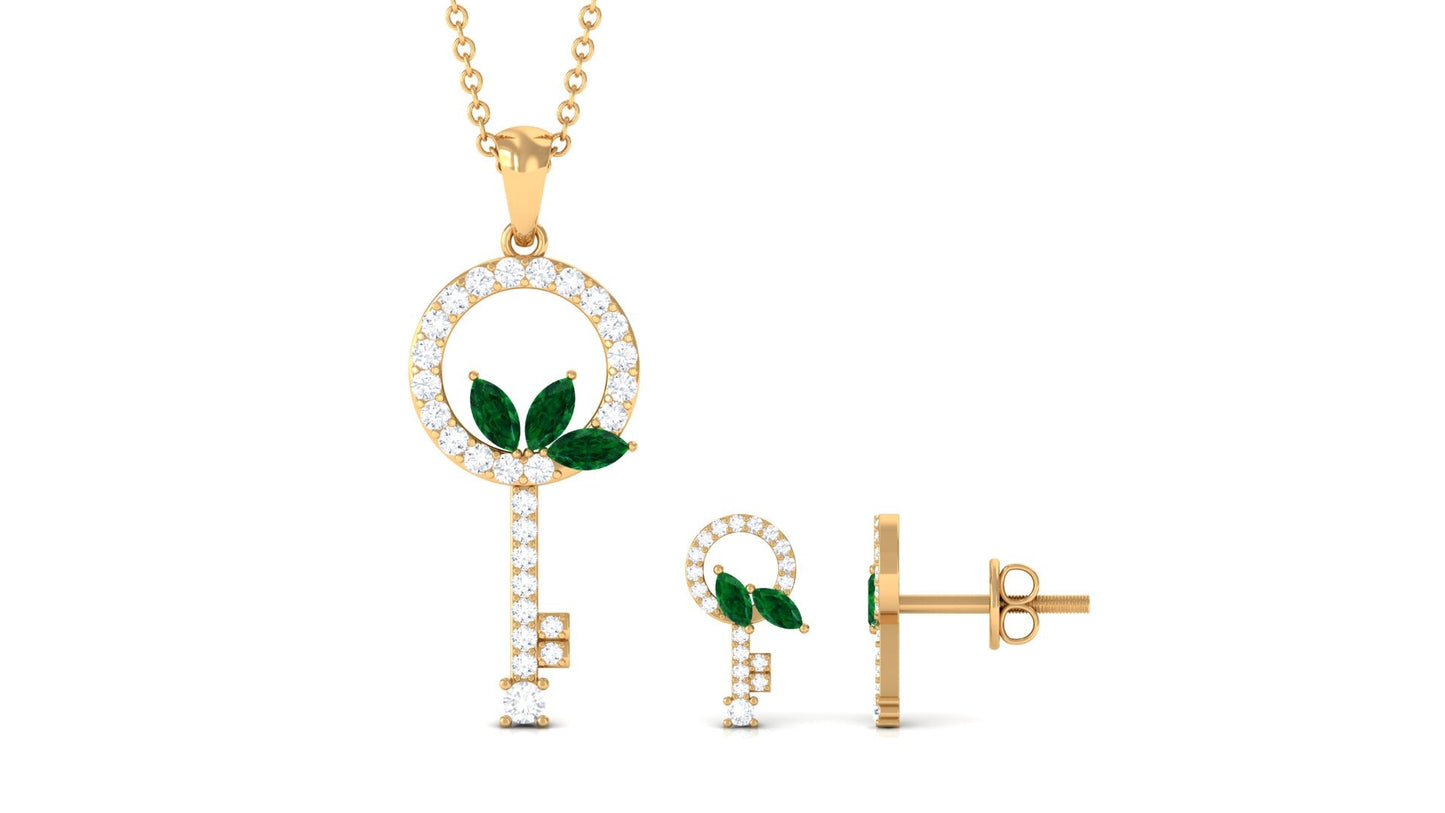 Marquise Cut Emerald and Diamond Key Pendant and Earrings