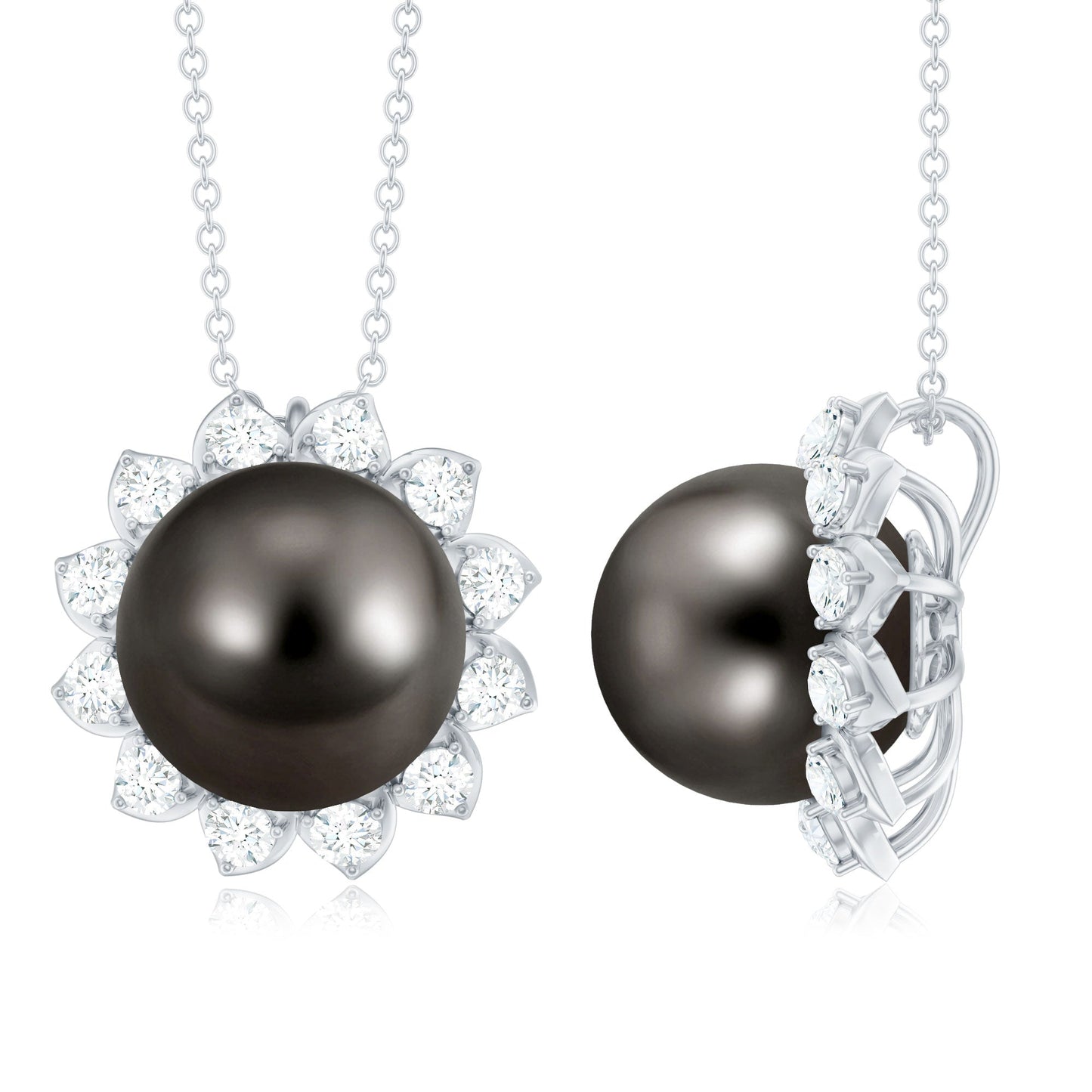 8 Carat Tahitian Black Pearl Sunflower Necklace with Diamond Halo
