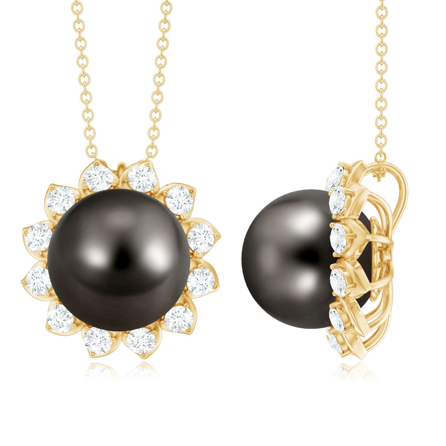 8 Carat Tahitian Black Pearl Sunflower Necklace with Diamond Halo