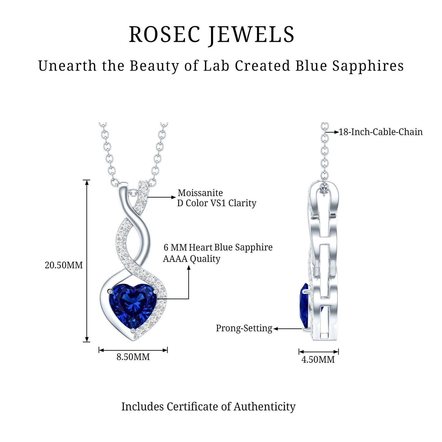 Certified Lab Grown Blue Sapphire Infinity Heart Necklace with Chain