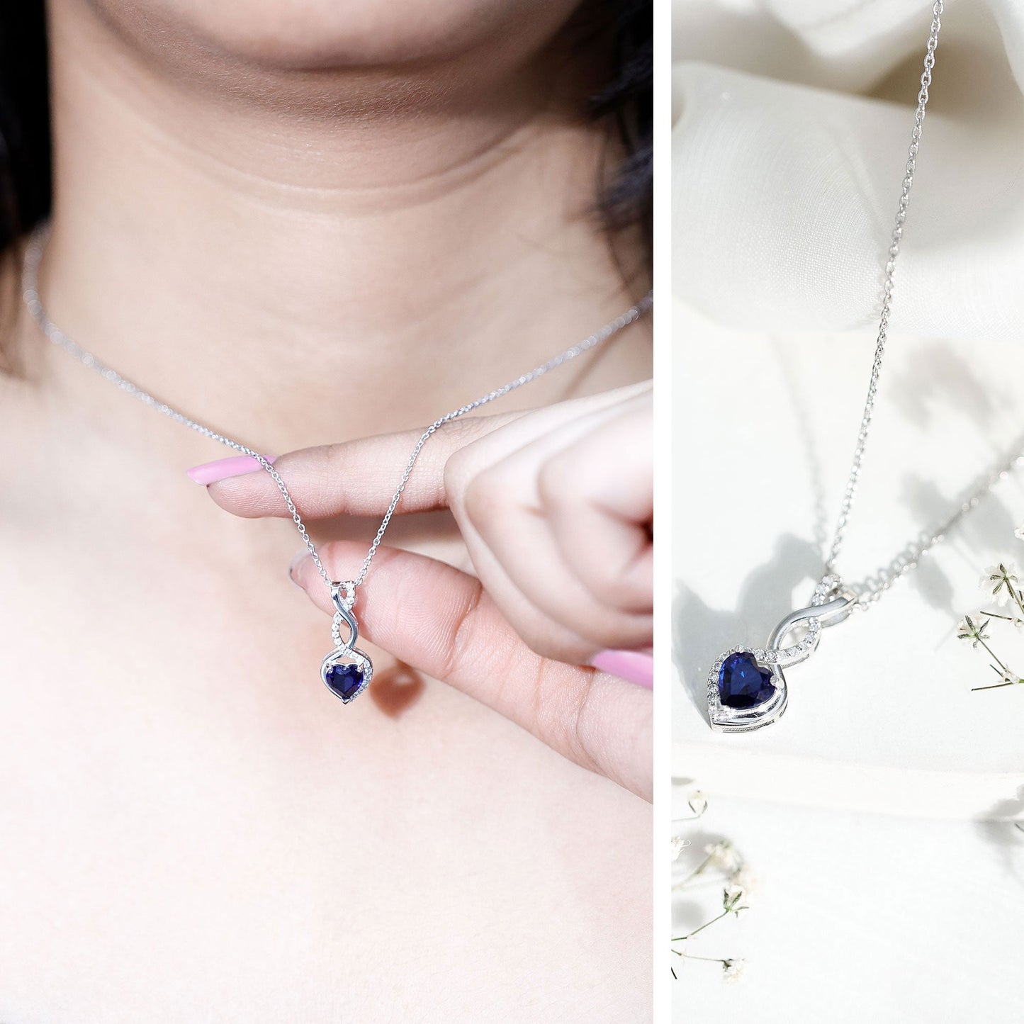 Certified Lab Grown Blue Sapphire Infinity Heart Necklace with Chain