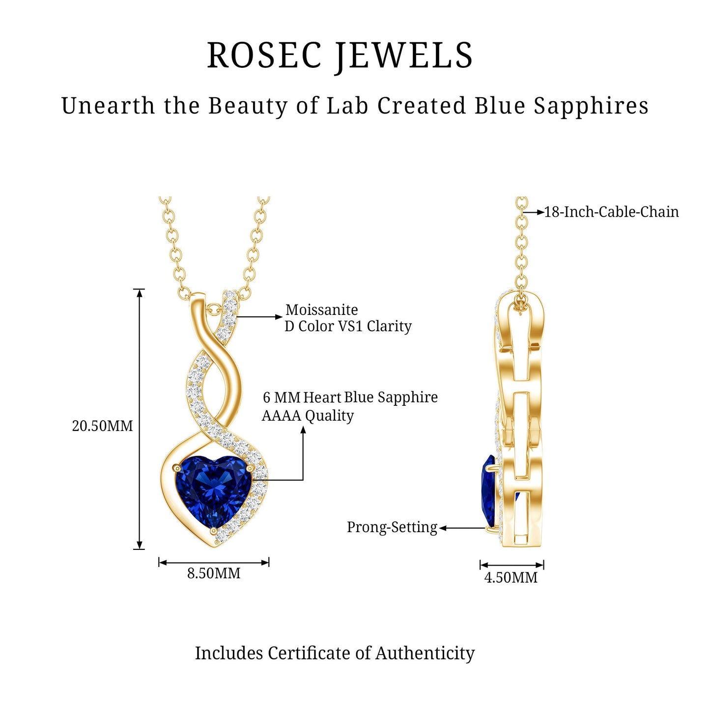 Certified Lab Grown Blue Sapphire Infinity Heart Necklace with Chain