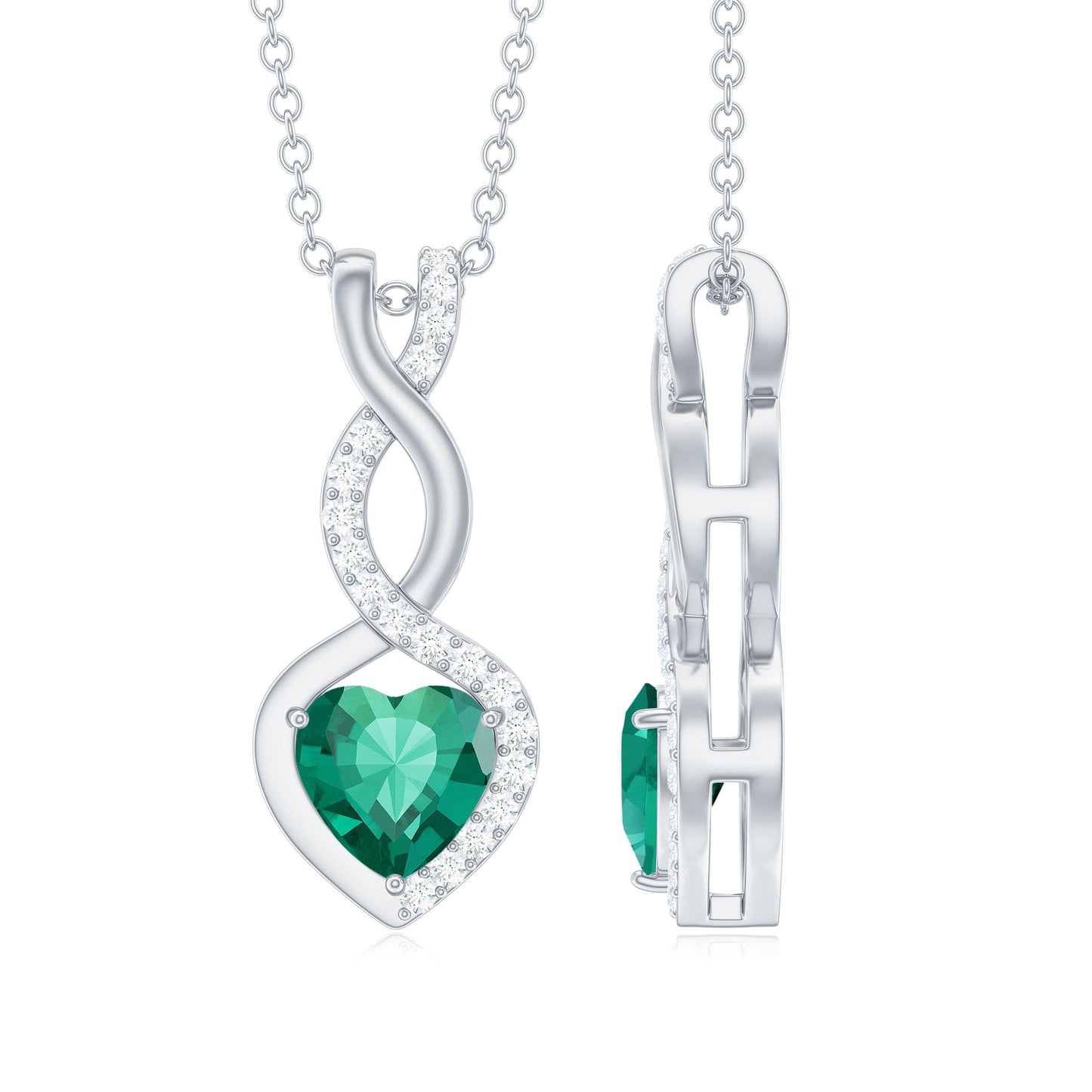Certified 1.3 Carat Lab Grown Emerald Infinity Heart Pendant Necklace with Diamond