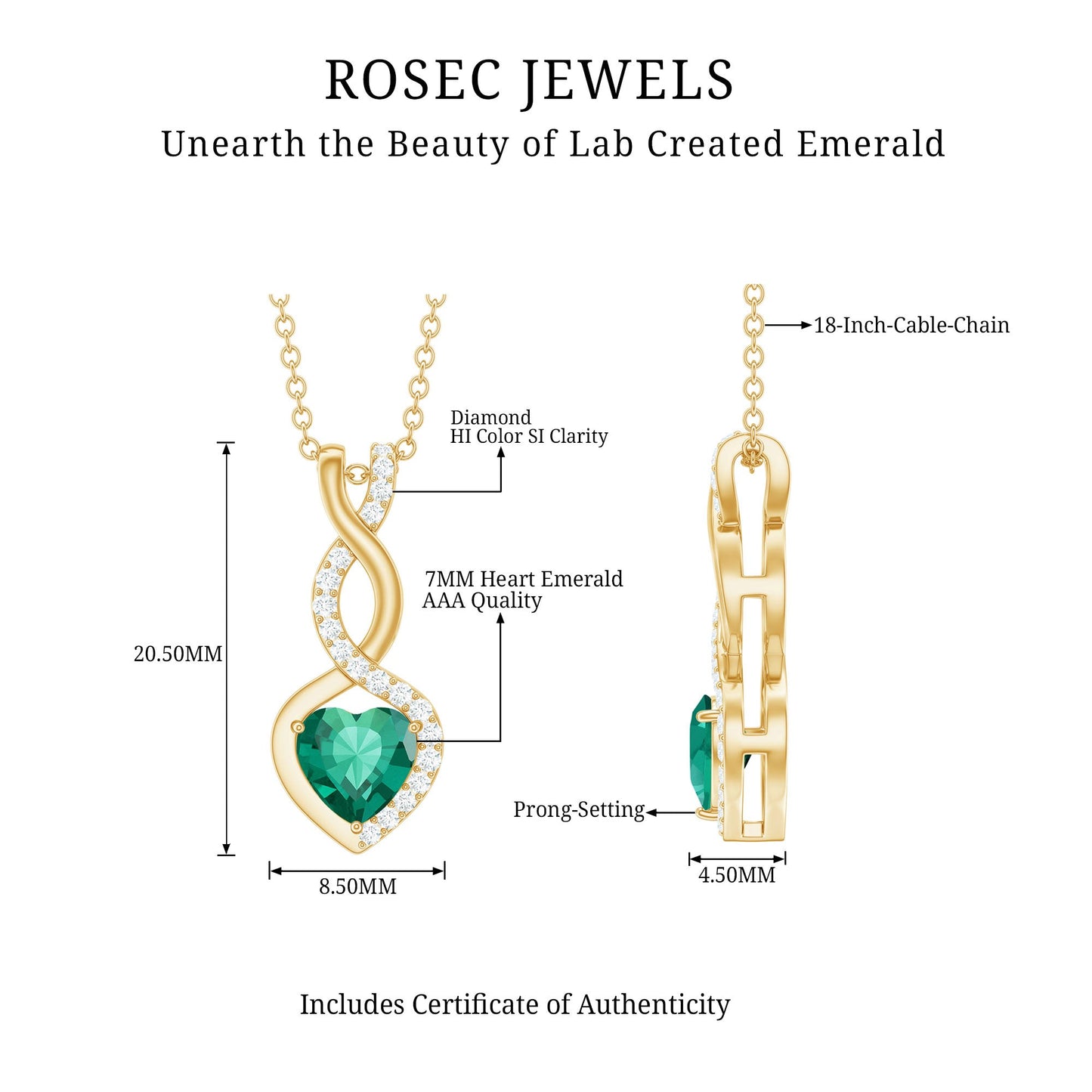 Certified 1.3 Carat Lab Grown Emerald Infinity Heart Pendant Necklace with Diamond
