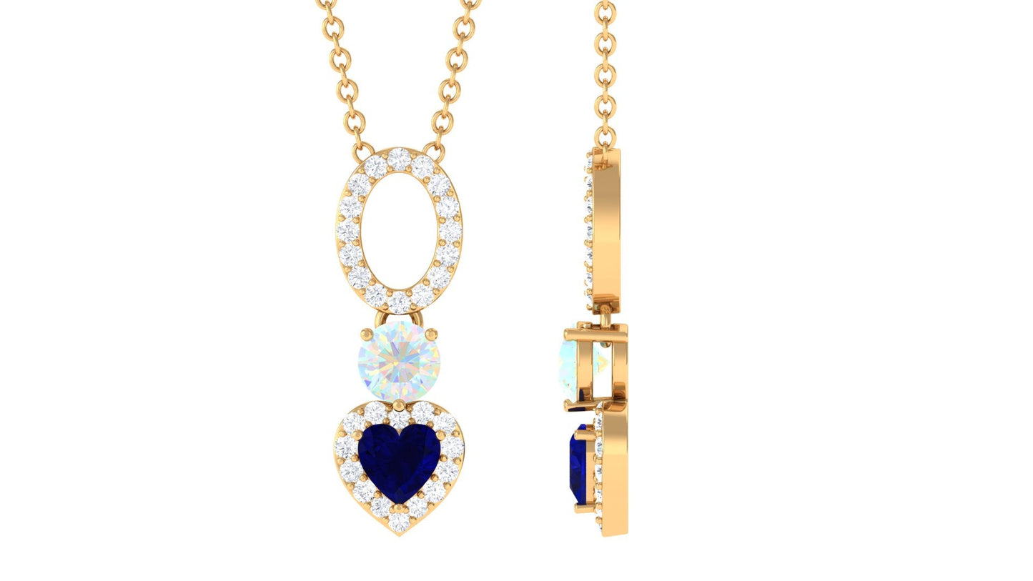Natural Blue Sapphire Heart Necklace with Opal and Moissanite