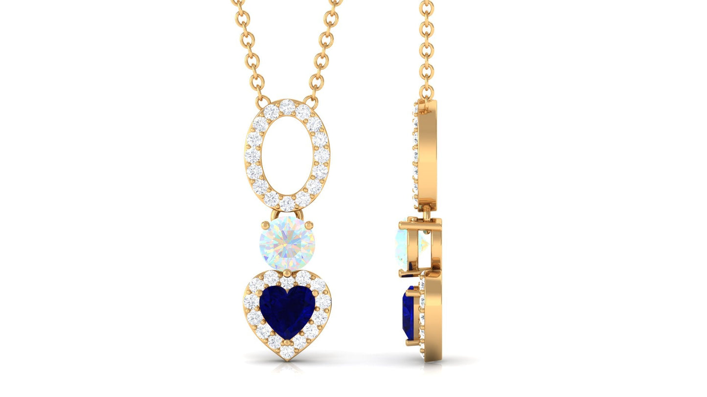 Natural Blue Sapphire Heart Necklace with Opal and Moissanite