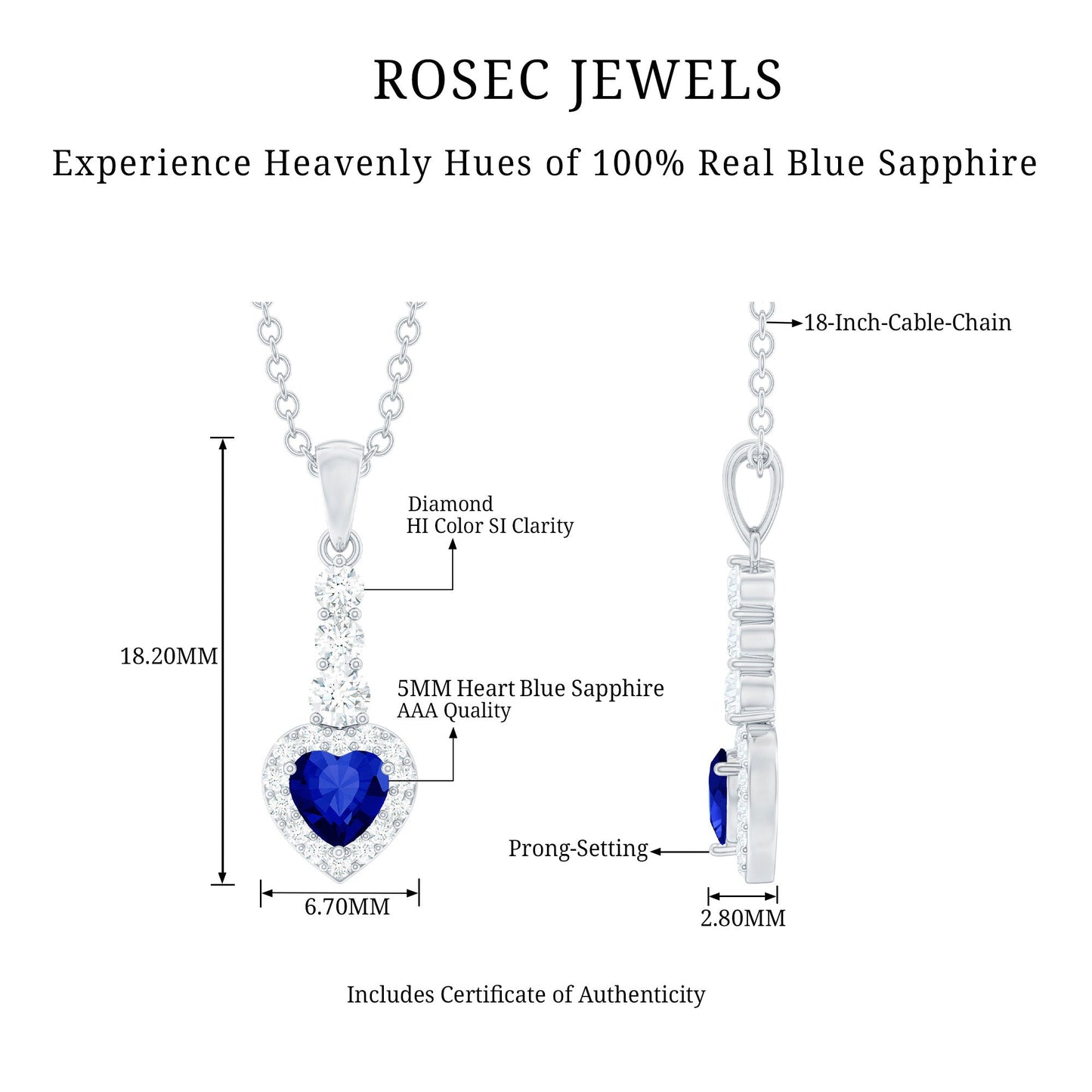 Real 0.65 Carat Blue Sapphire Heart Pendant Necklace with Diamond Halo