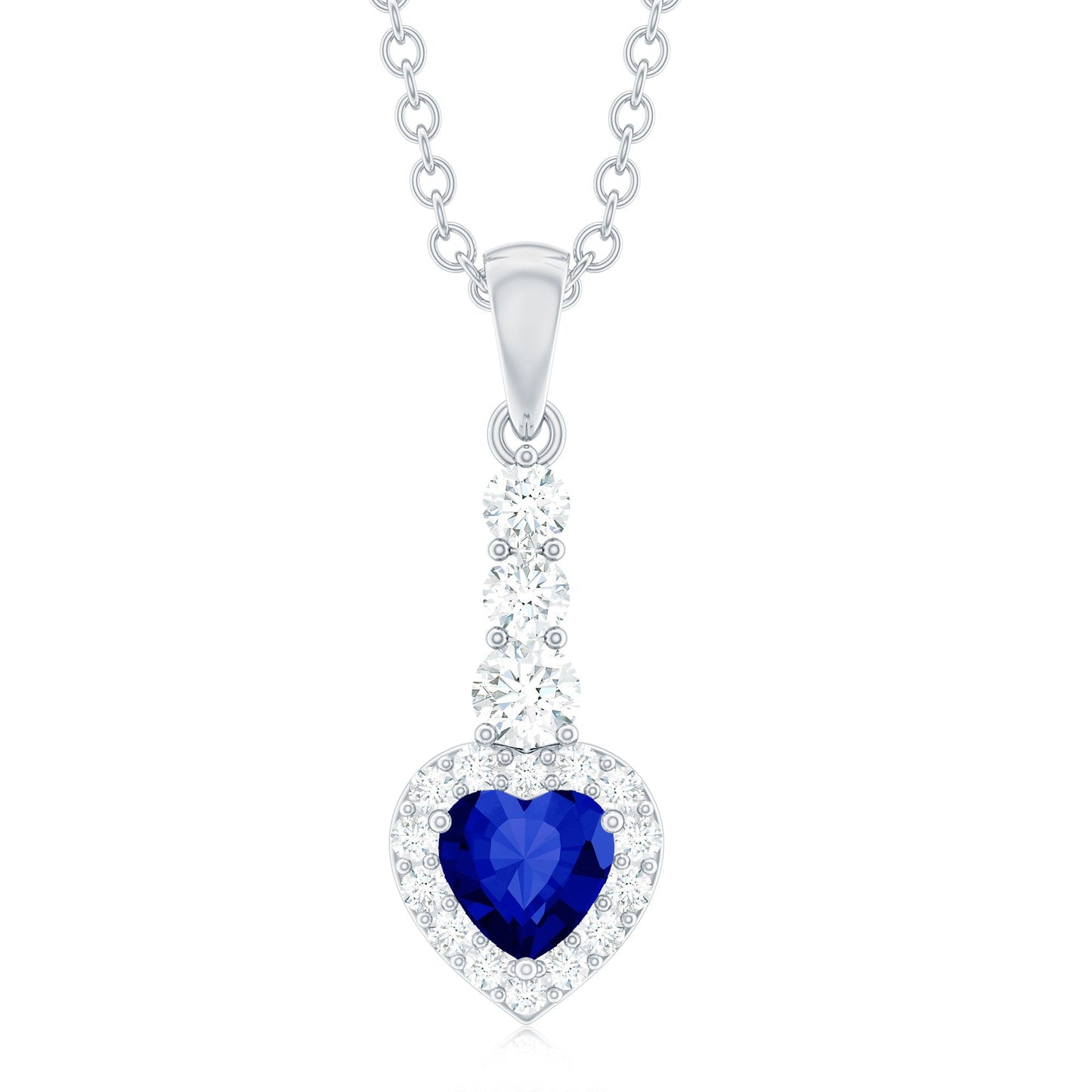 Real 0.65 Carat Blue Sapphire Heart Pendant Necklace with Diamond Halo