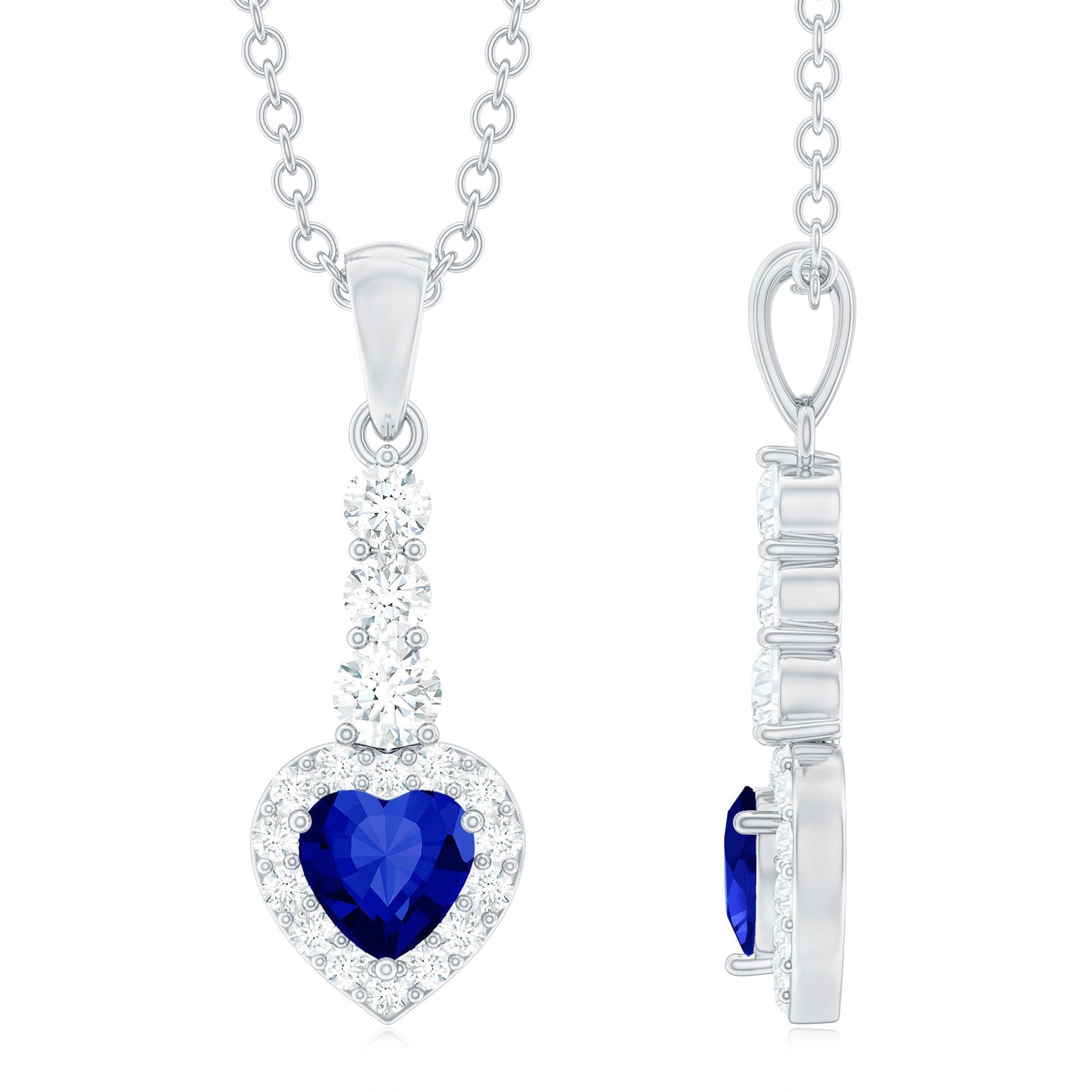 Real 0.65 Carat Blue Sapphire Heart Pendant Necklace with Diamond Halo
