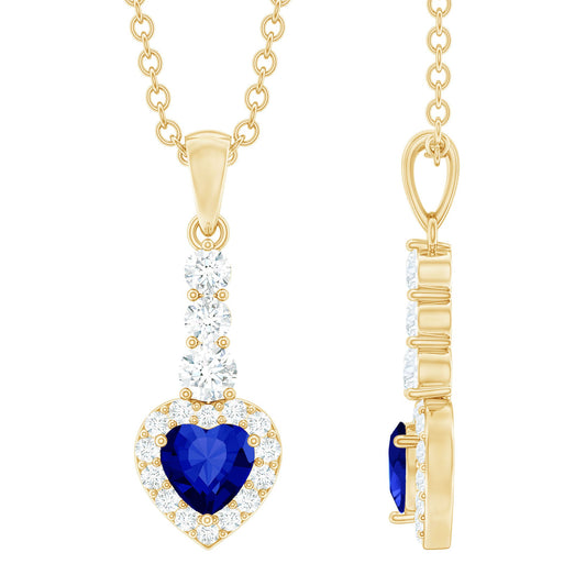 Real 0.65 Carat Blue Sapphire Heart Pendant Necklace with Diamond Halo