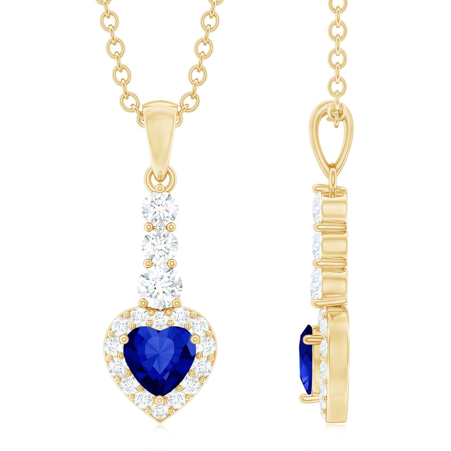 Real 0.65 Carat Blue Sapphire Heart Pendant Necklace with Diamond Halo