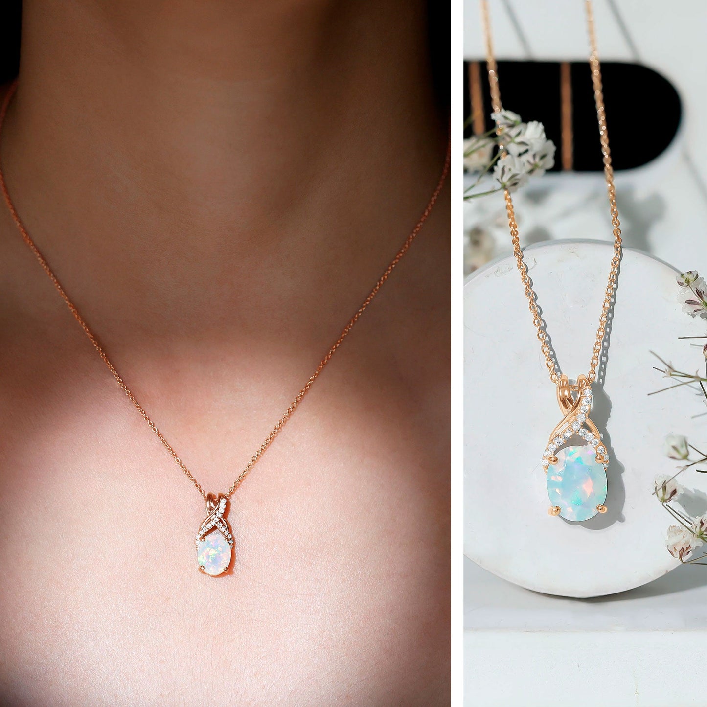 Oval Ethiopian Opal Necklace with Moissanite Twisted Bail