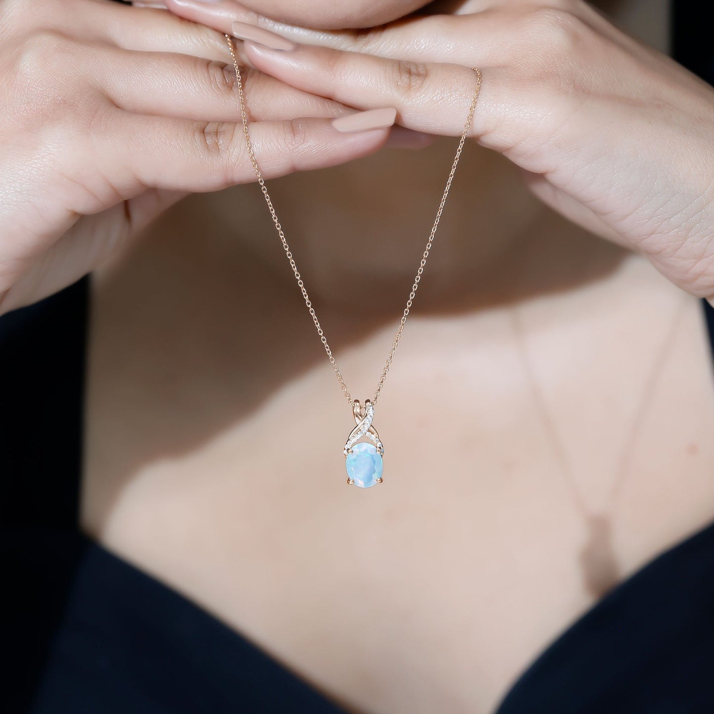 Oval Ethiopian Opal Necklace with Moissanite Twisted Bail