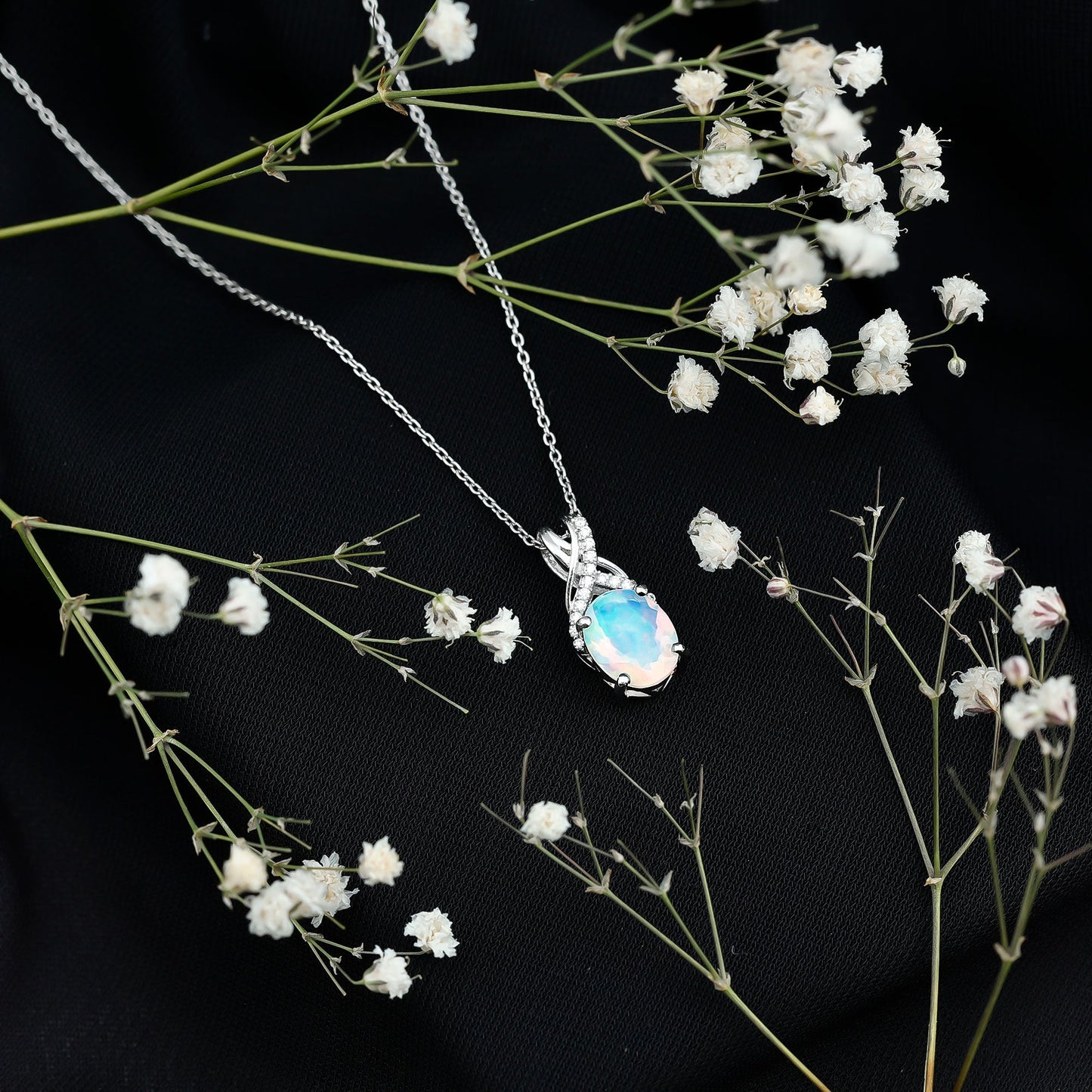 Oval Ethiopian Opal Necklace with Moissanite Twisted Bail