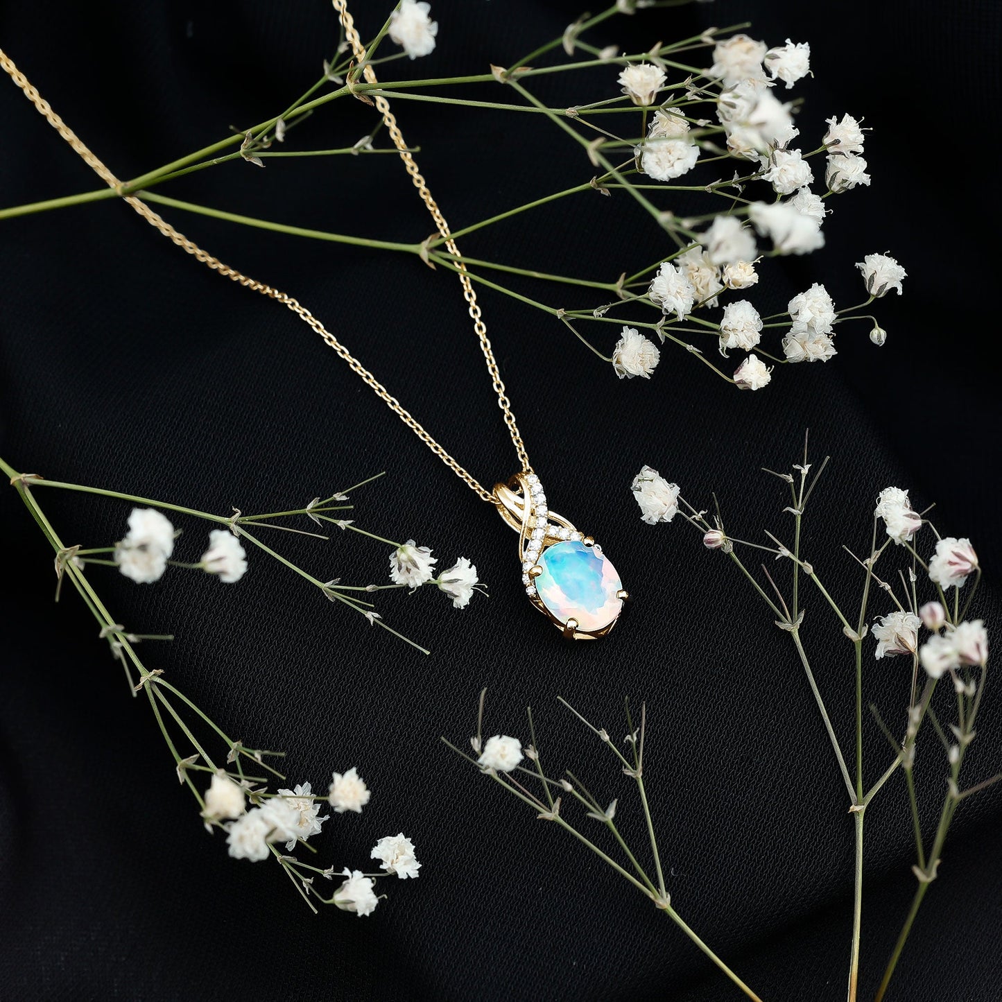 Oval Ethiopian Opal Necklace with Moissanite Twisted Bail