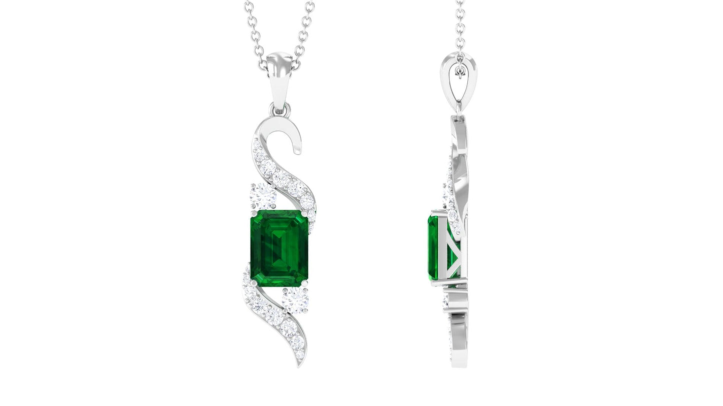 1.6 Carat Octagon Cut Created Emerald Designer Drop Pendant with Diamond