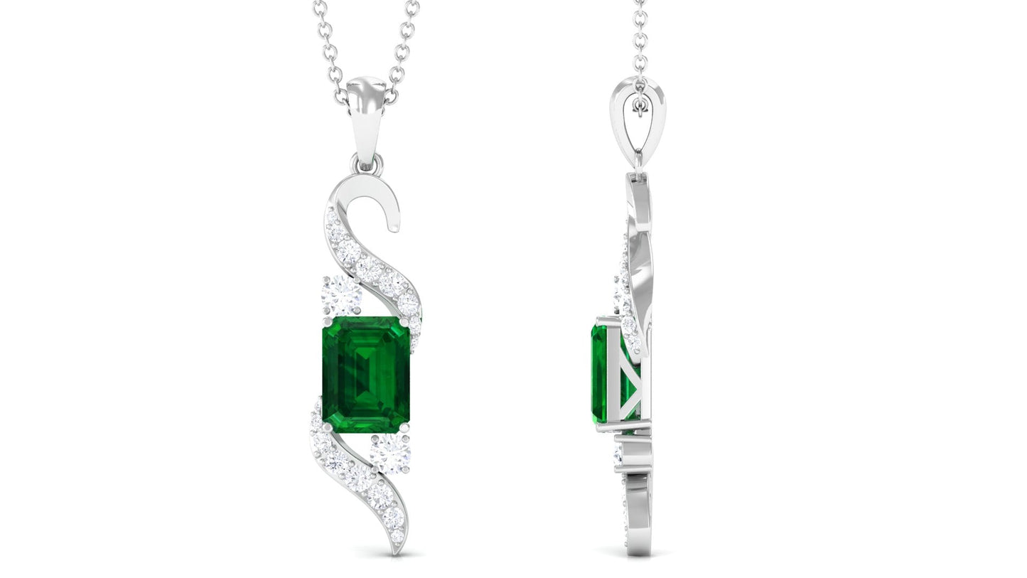 1.6 Carat Octagon Cut Created Emerald Designer Drop Pendant with Diamond