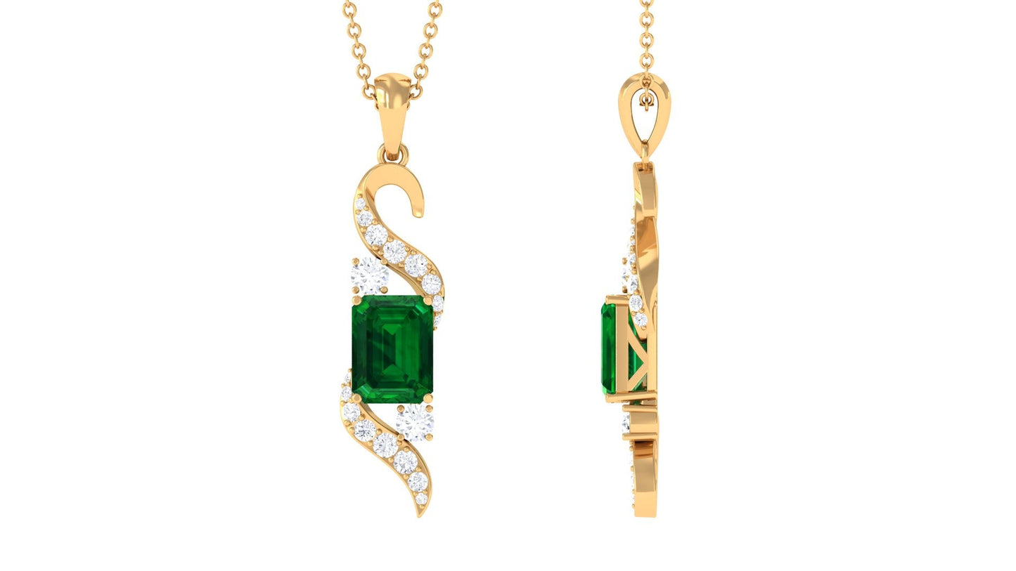 1.6 Carat Octagon Cut Created Emerald Designer Drop Pendant with Diamond