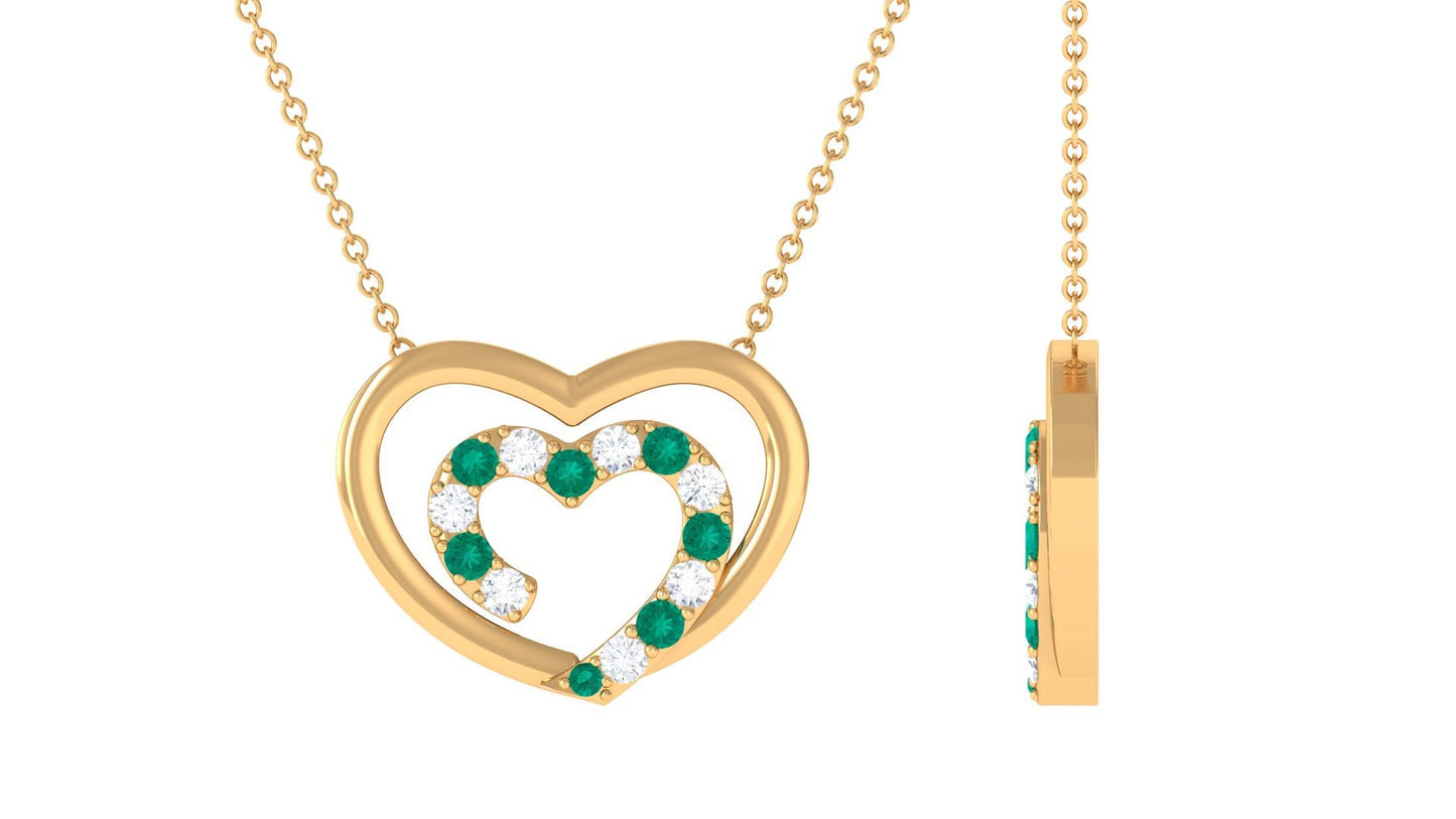 Emerald and Moissanite Twin Open Heart Necklace in Gold