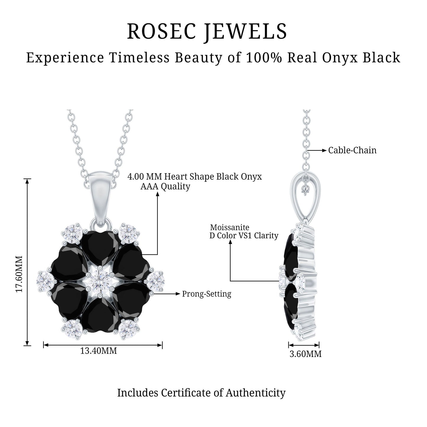 Natural Heart Shape Black Onyx Flower Pendant Necklace With Chain