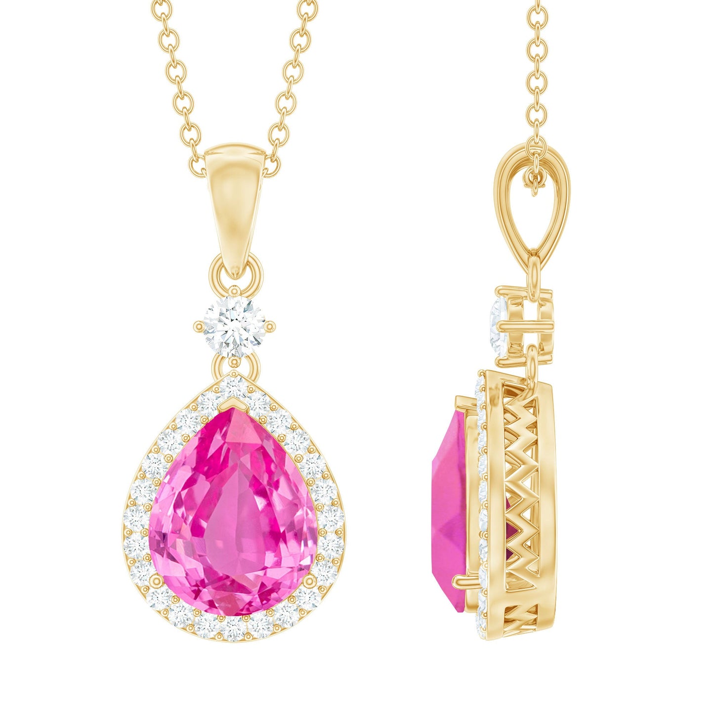Created Pink Sapphire Teardrop Pendant Necklace With Diamond Halo
