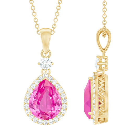 Created Pink Sapphire Teardrop Pendant Necklace With Diamond Halo