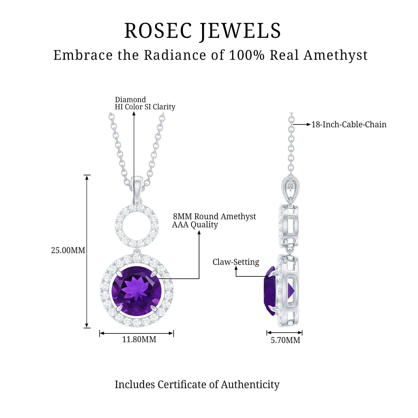 Natural 2 Carat Amethyst Pendant Necklace with Diamond