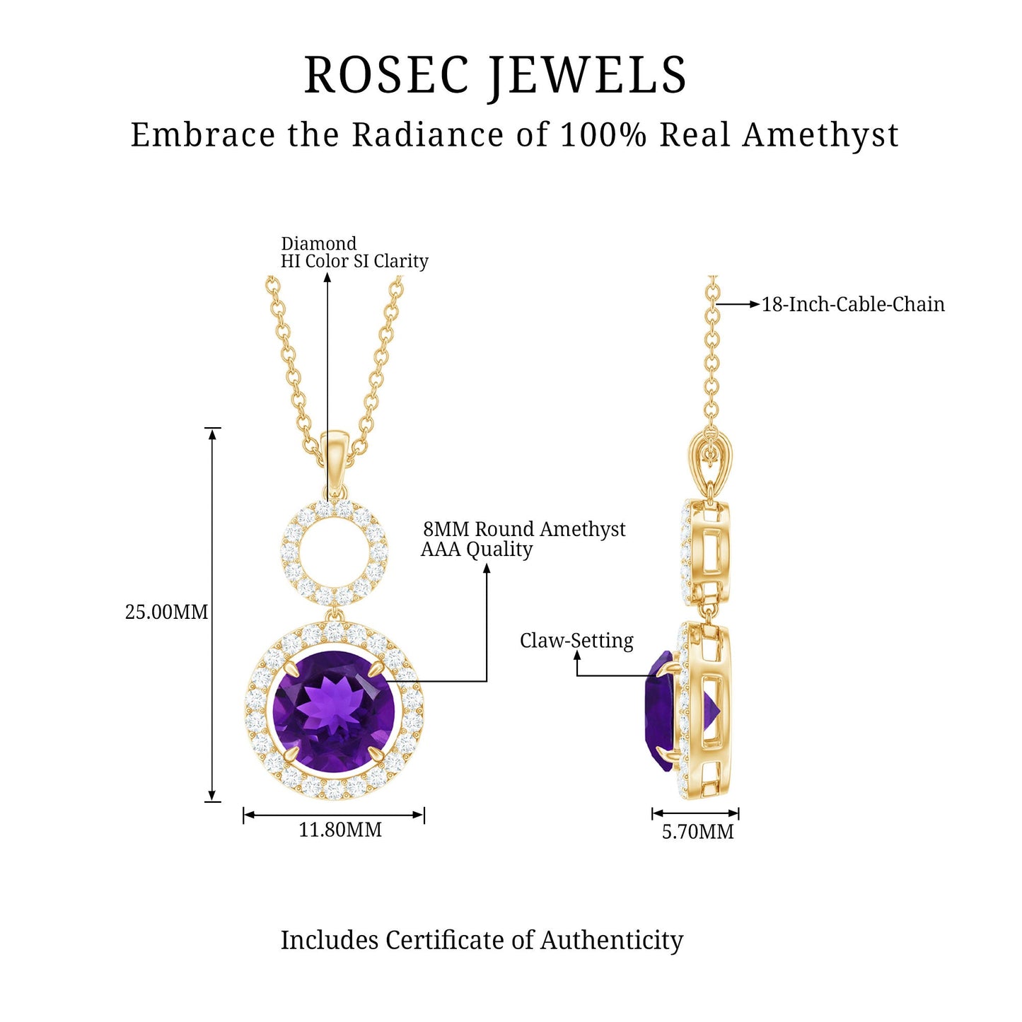 Natural 2 Carat Amethyst Pendant Necklace with Diamond