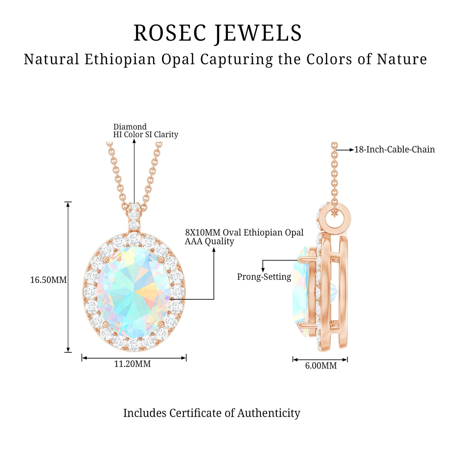 Real 1.3 Carat Ethiopian Opal Oval Pendant Necklace with Diamond Halo