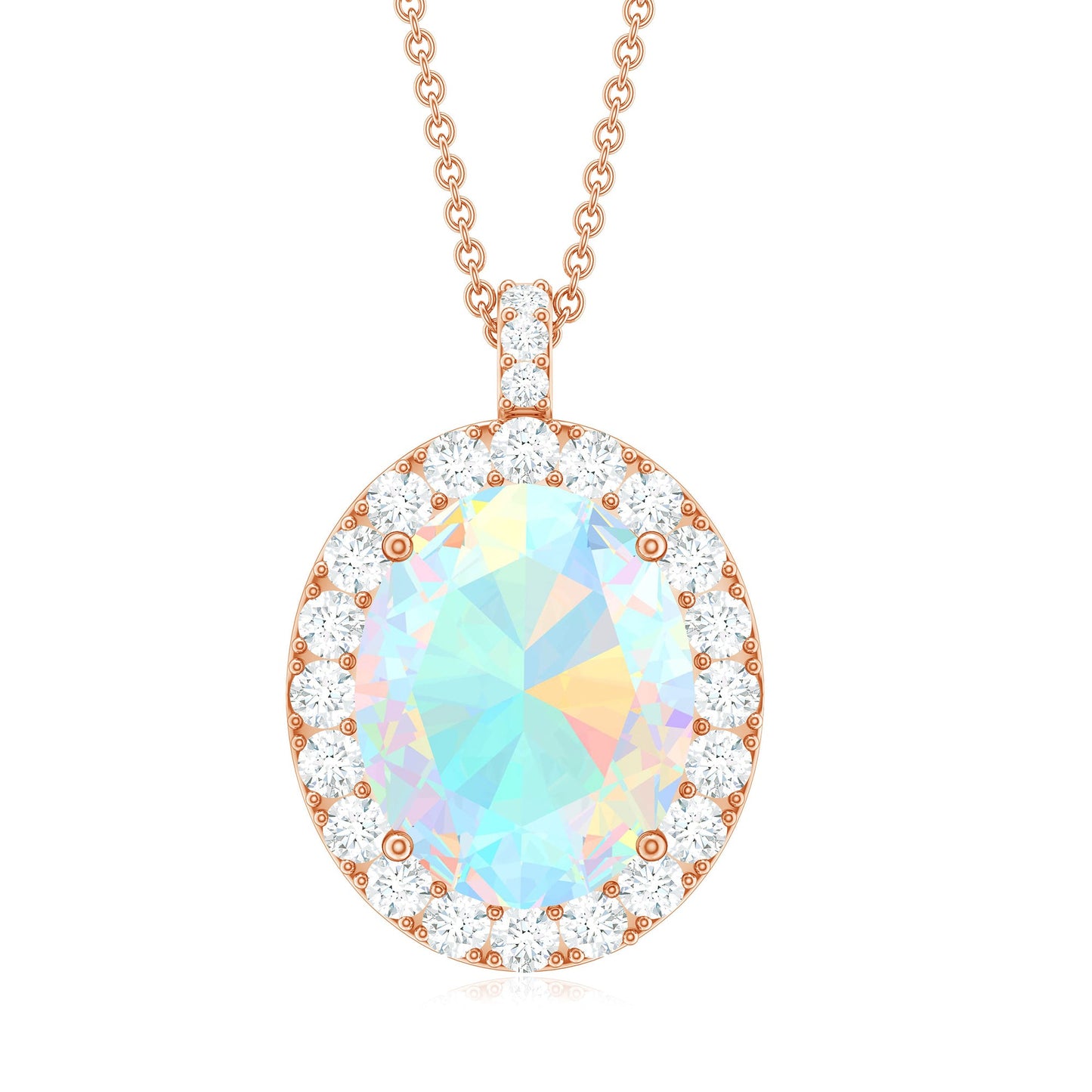 Real 1.3 Carat Ethiopian Opal Oval Pendant Necklace with Diamond Halo