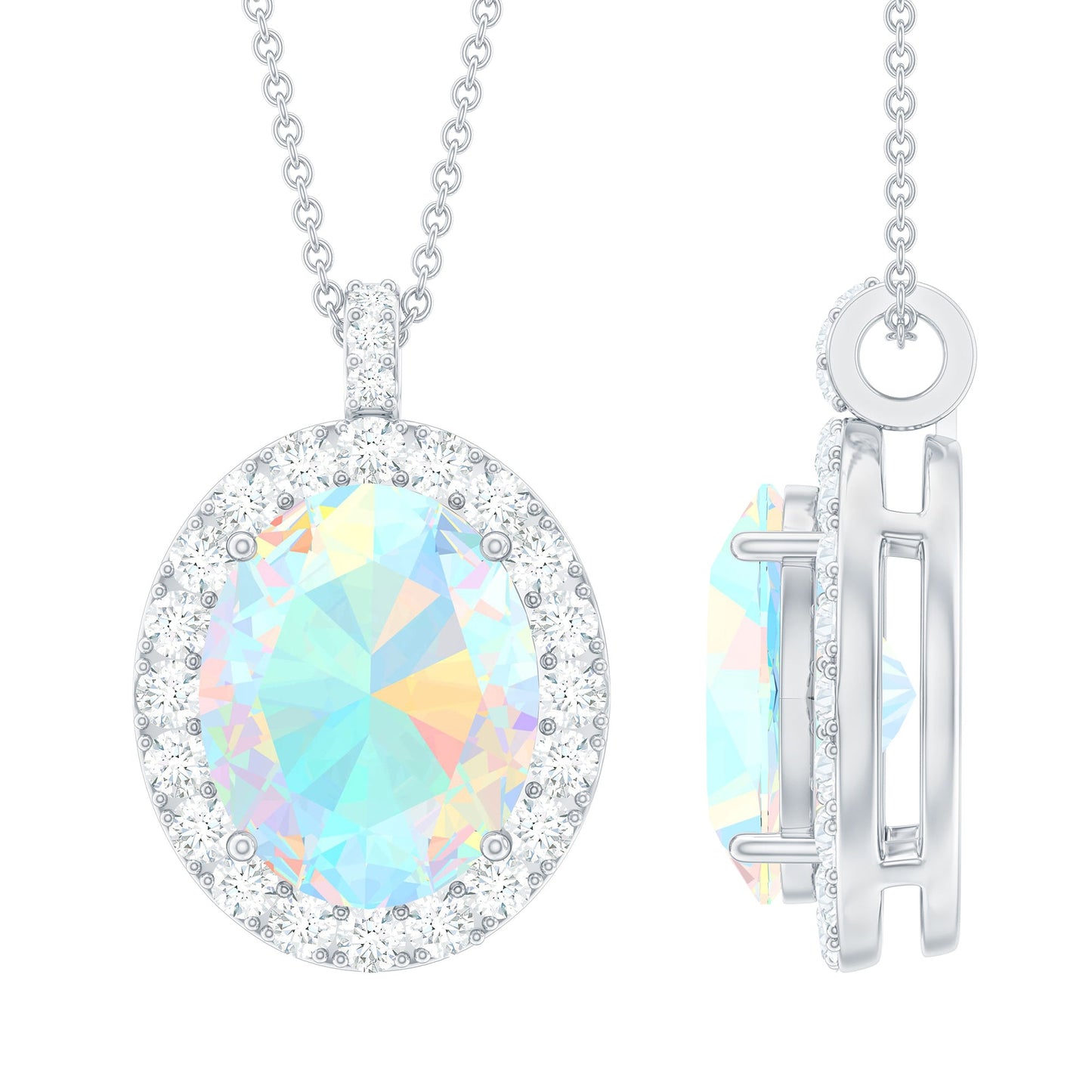 Real 1.3 Carat Ethiopian Opal Oval Pendant Necklace with Diamond Halo