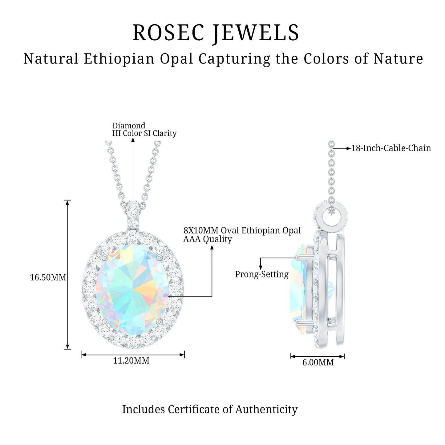 Real 1.3 Carat Ethiopian Opal Oval Pendant Necklace with Diamond Halo