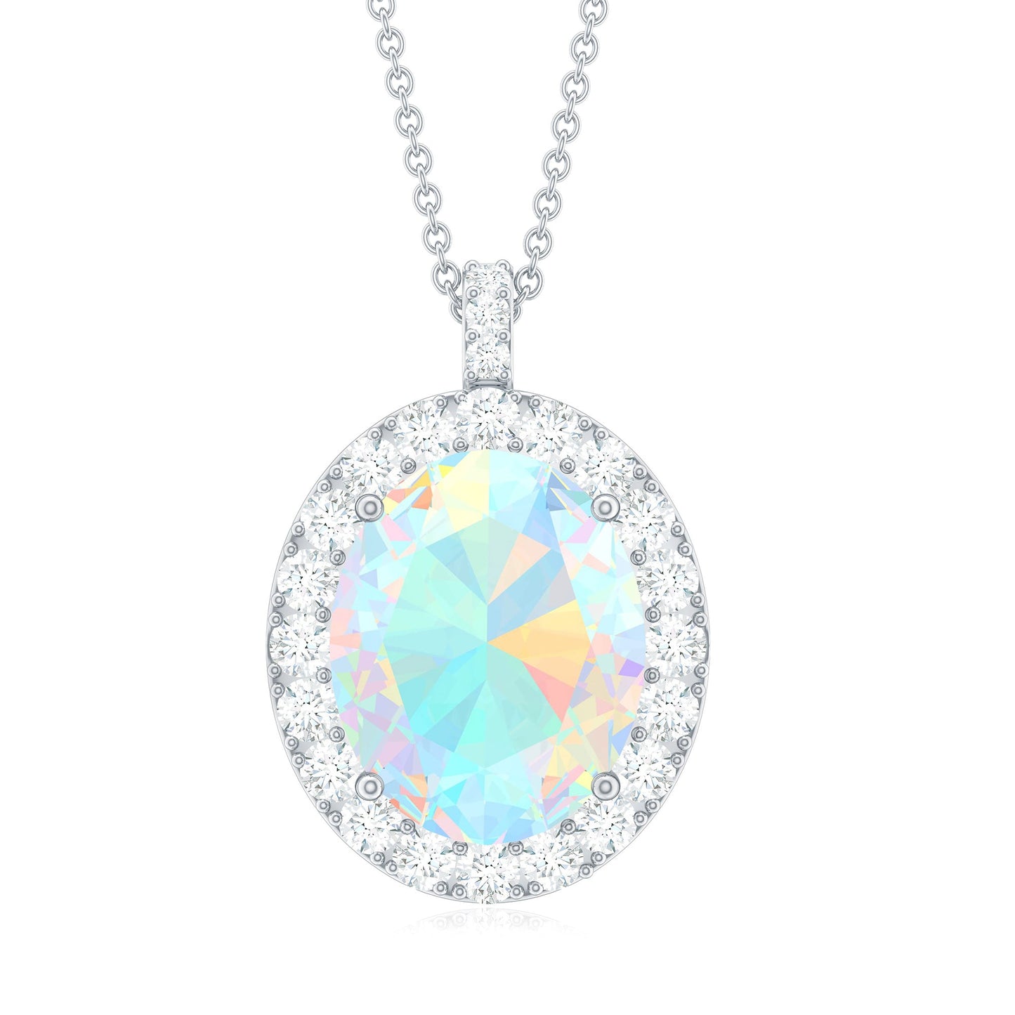 Real 1.3 Carat Ethiopian Opal Oval Pendant Necklace with Diamond Halo