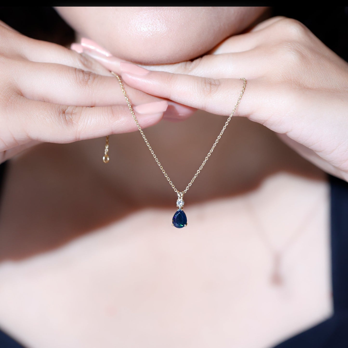 Pear Shaped Black Opal Drop Pendant with Diamond