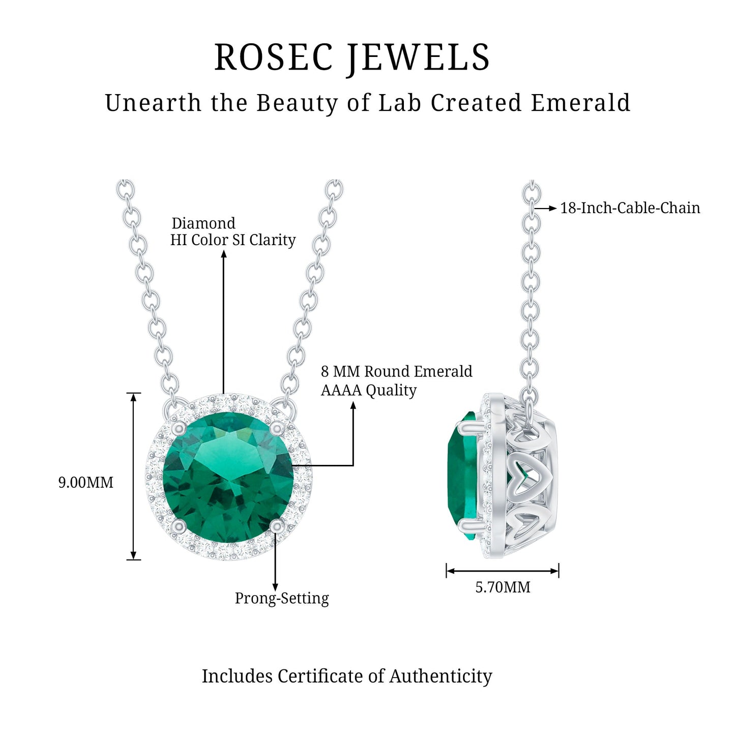 2 Carat Round Lab Created Emerald and Diamond Halo Necklace