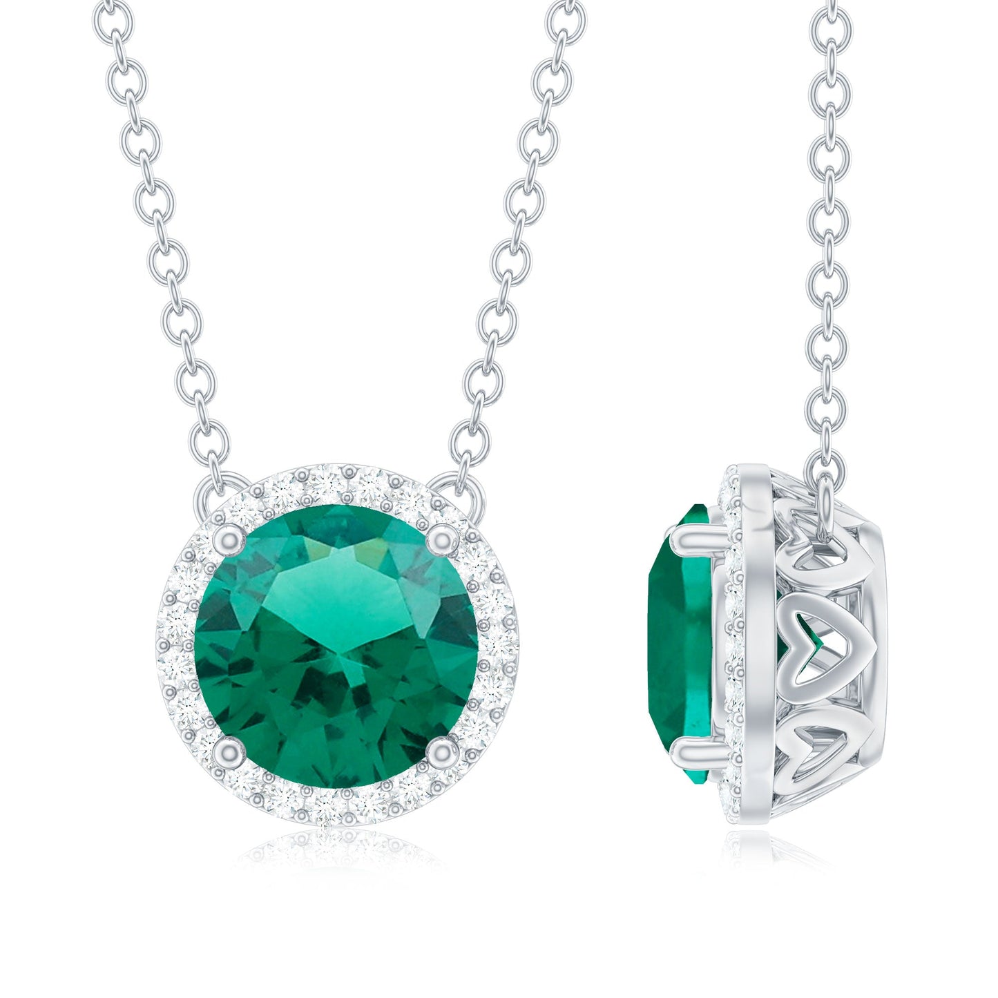 2 Carat Round Lab Created Emerald and Diamond Halo Necklace