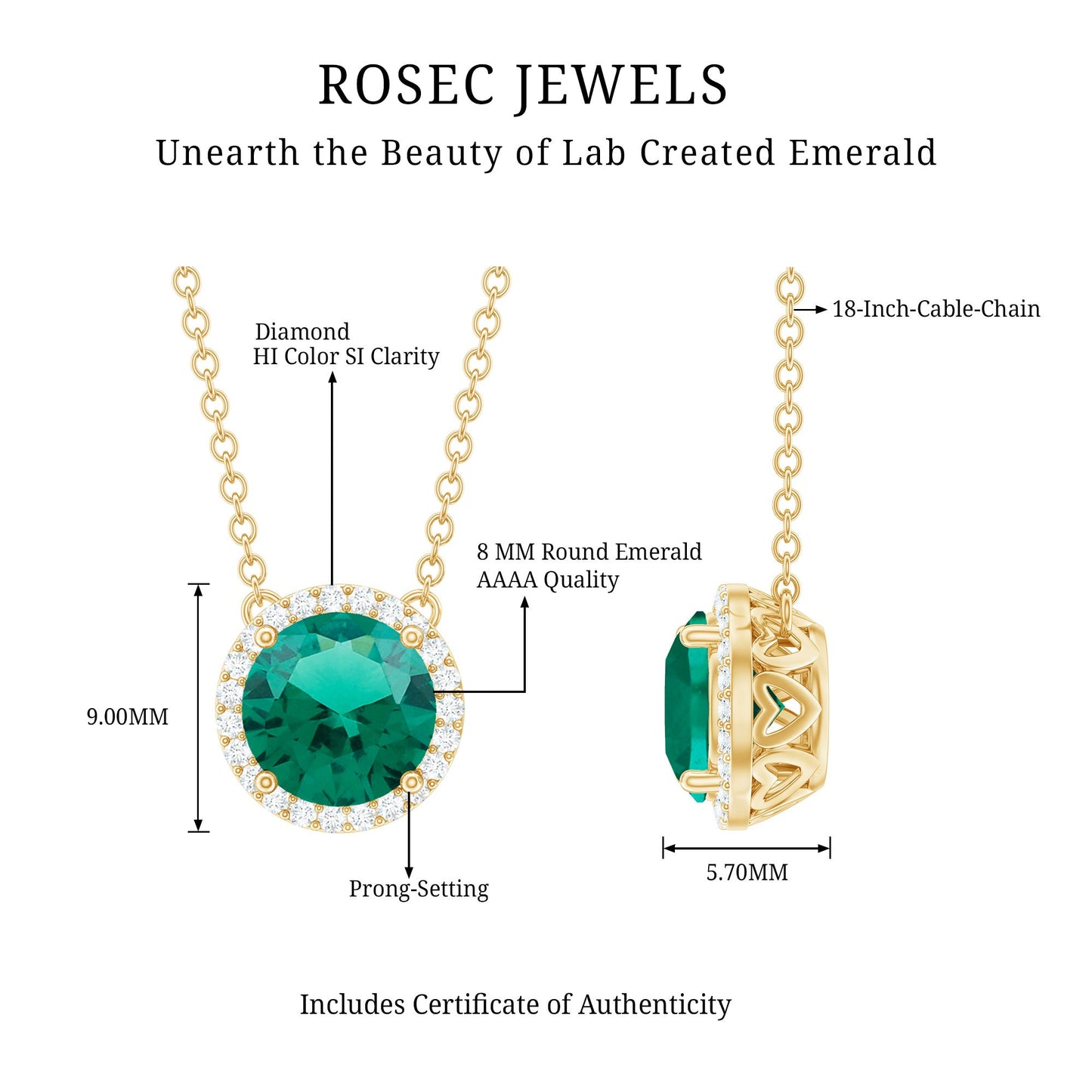 2 Carat Round Lab Created Emerald and Diamond Halo Necklace