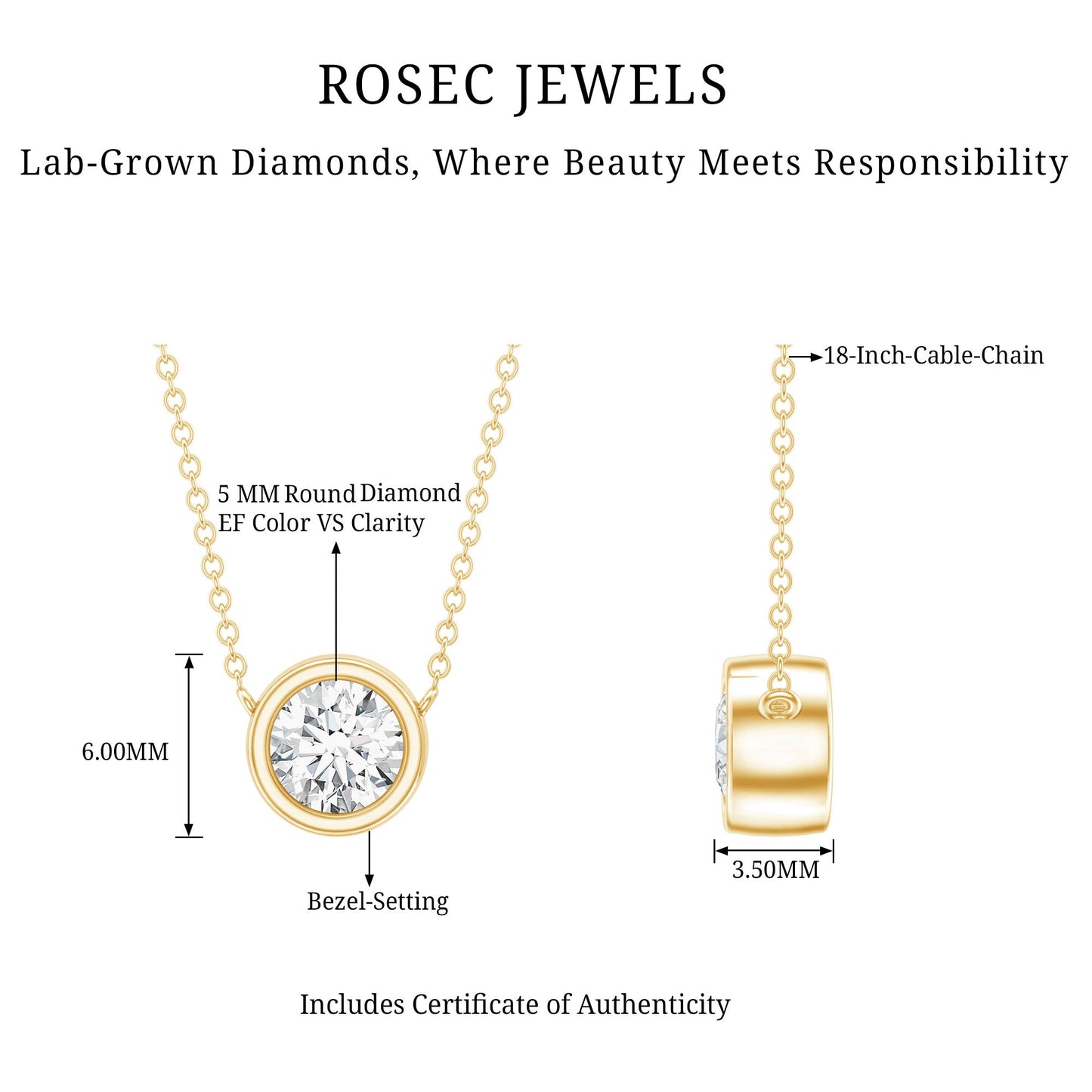 Bezel Set Lab 5 MM Round Diamond Solitaire Necklace