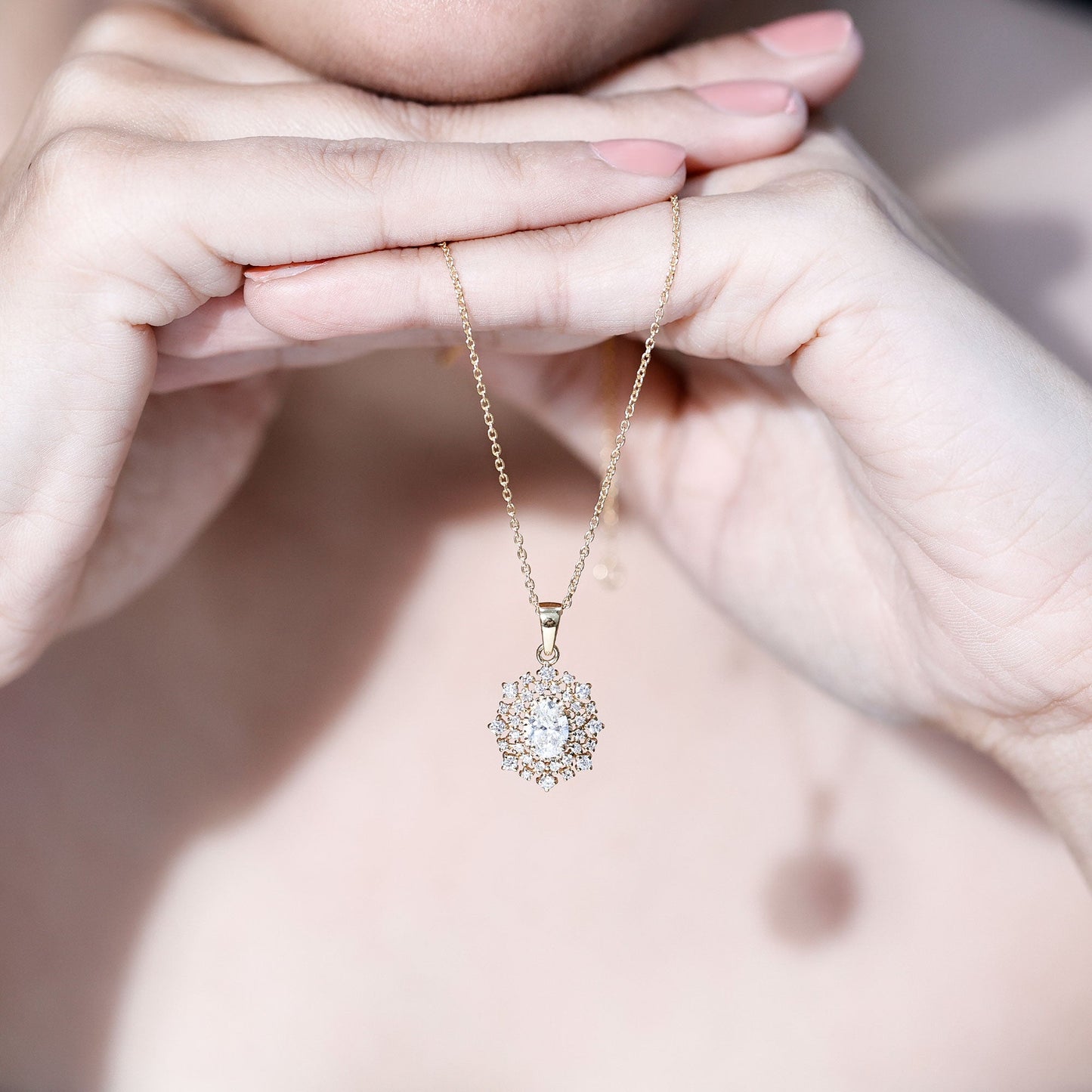 0.7 Carat Oval Lab Diamond Double Halo Bridal Pendant