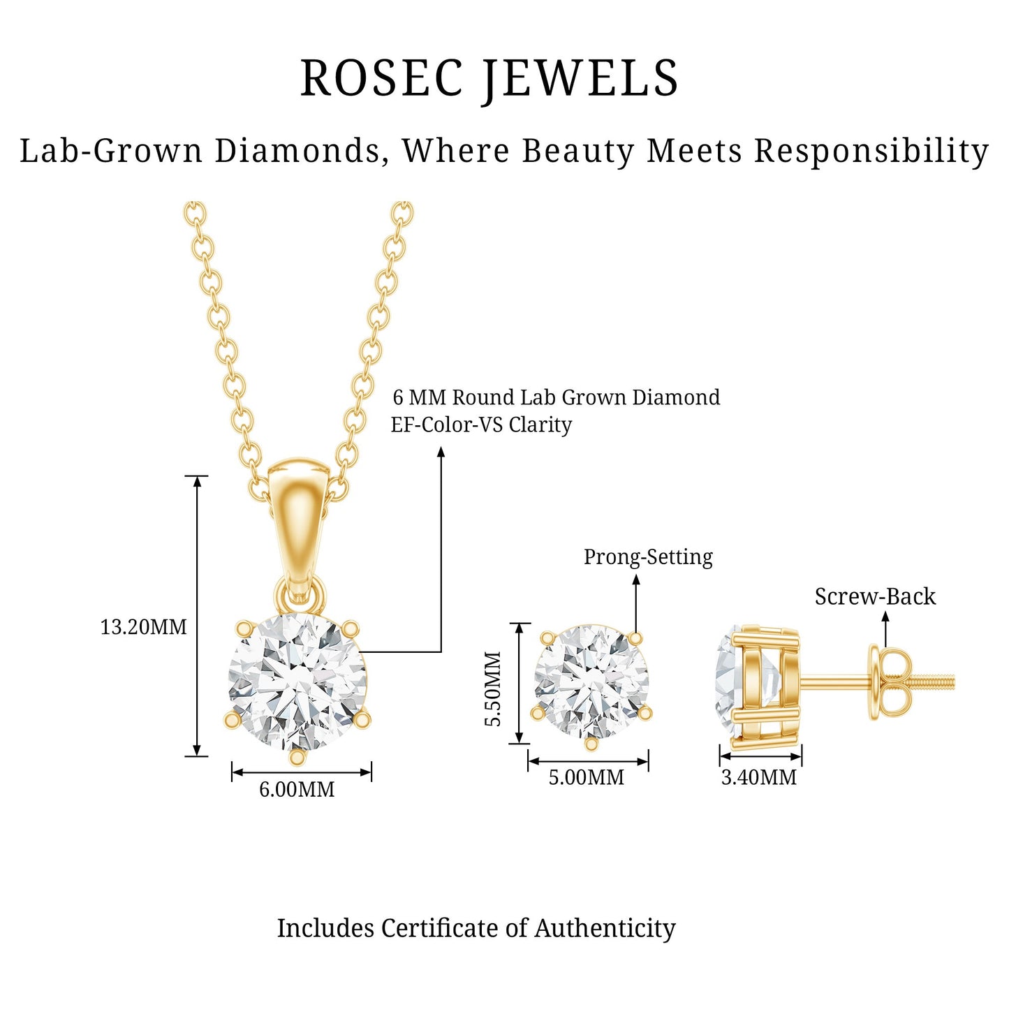 Certified Lab Grown Diamond Solitaire Necklace and Earrings Set