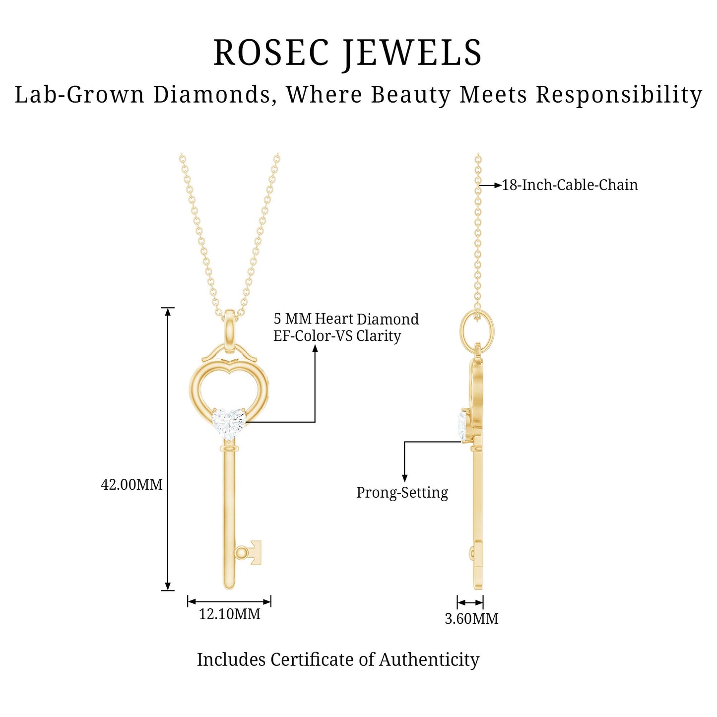 Heart Key Pendant Necklace with Lab Grown Diamond