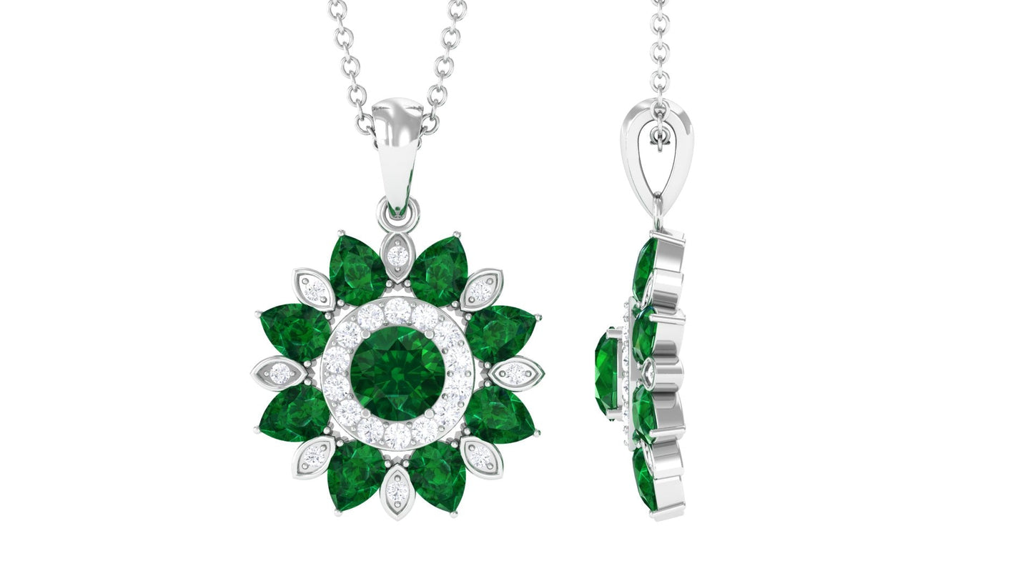 Lab Created Emerald and Diamond Flower Necklace